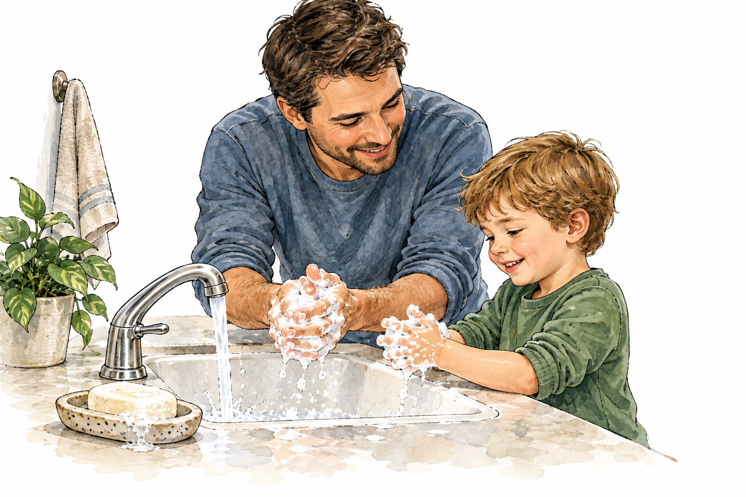 A parent patiently teaching a child to wash hands by practicing together at a sink, repeated habit conveyed by well-used soap and coordinated careful motions, no writing or ghost hands.