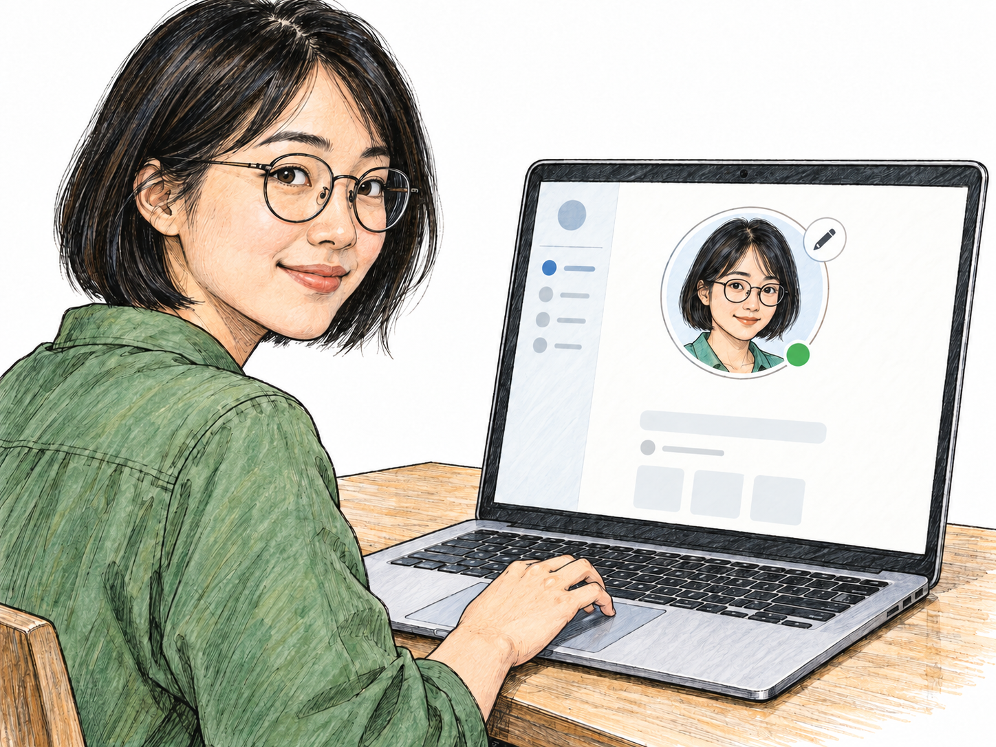 A young woman uses an online profile editor on a large laptop screen.