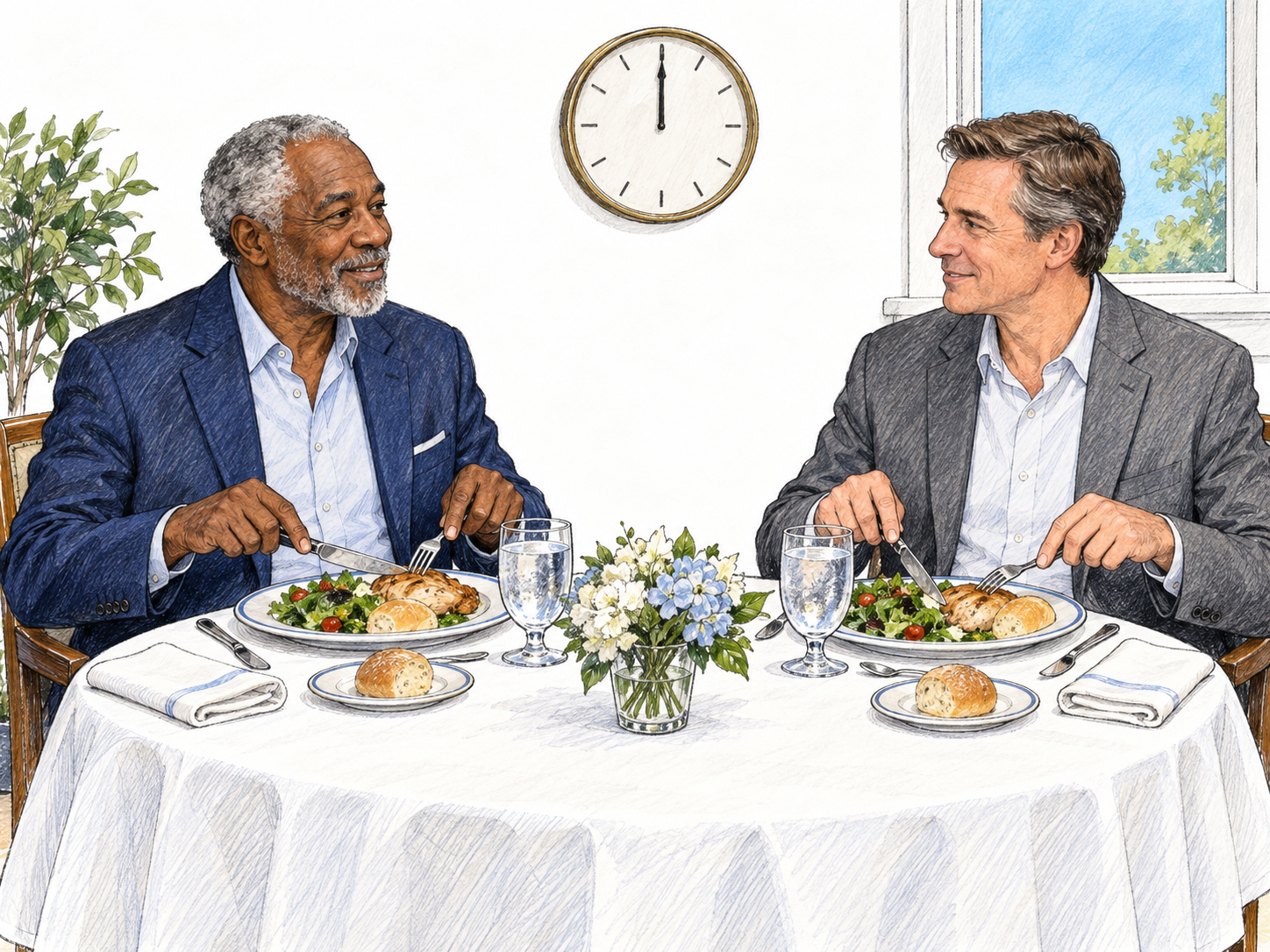 Two smartly dressed guests eat a formally arranged midday meal at a white-clothed table.