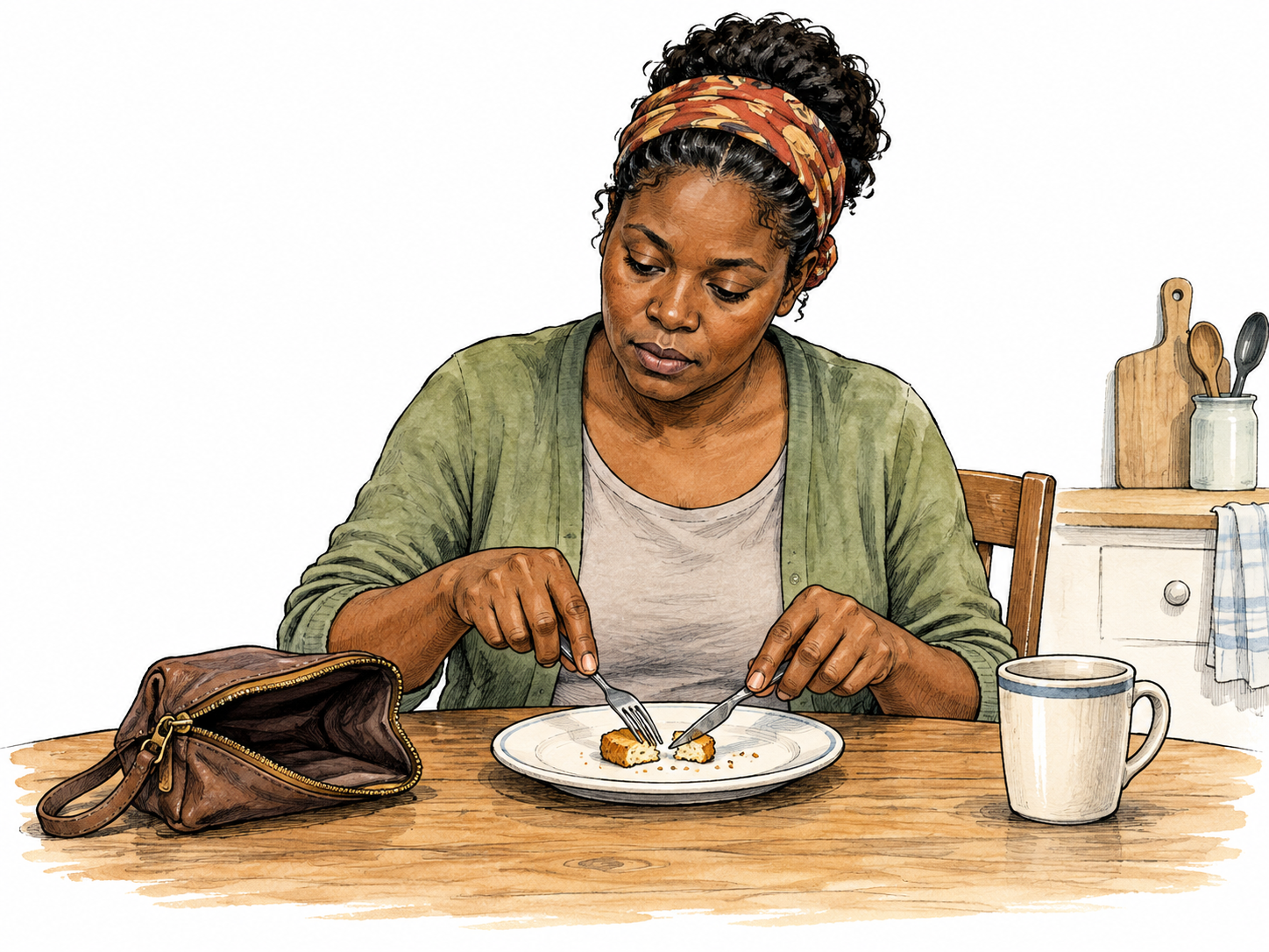 An adult carefully divides a very small meal beside a nearly empty purse in a plainly furnished kitchen, little money/resources clear, no numbers or pity caricature.