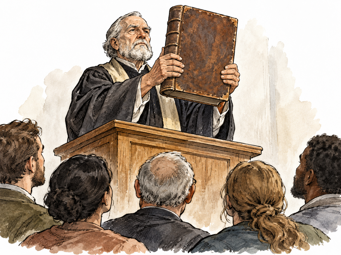 Authoritative old doctrine book held firmly before a listening congregation, no specific religion.
