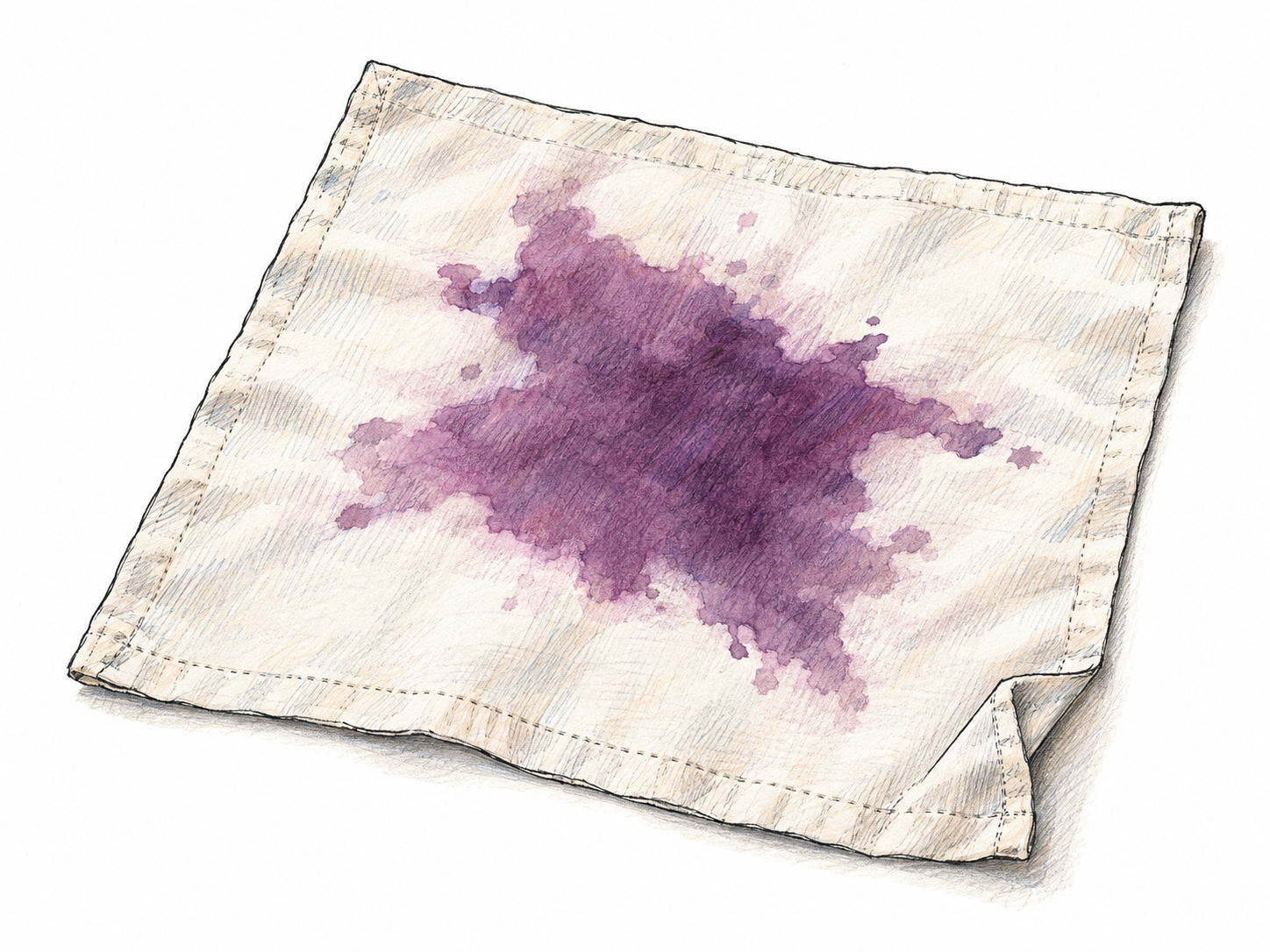 A single conspicuous, irregular purple stain on a plain off-white cloth napkin, with uneven lobed edges and slight bleeding into the fabric.