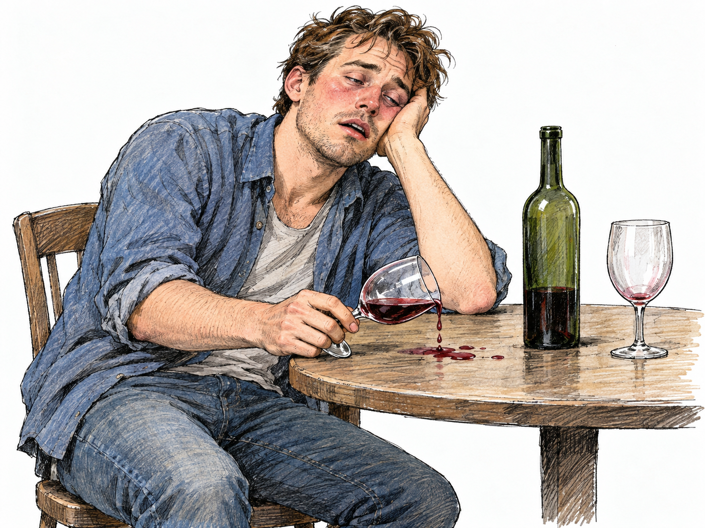 A visibly intoxicated adult man slumps sideways at a small table, bleary-eyed and loosely gripping a tipped wineglass; spilled red wine, an open wine bottle and another drained glass establish alcohol as the cause rather than ordinary tiredness.