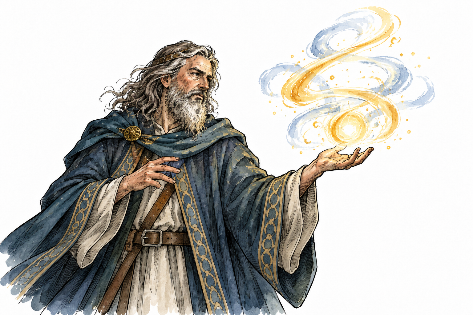 A male fantasy sorcerer conjures swirling luminous magical forms above an open palm, medieval-inspired robe, no runes or text.