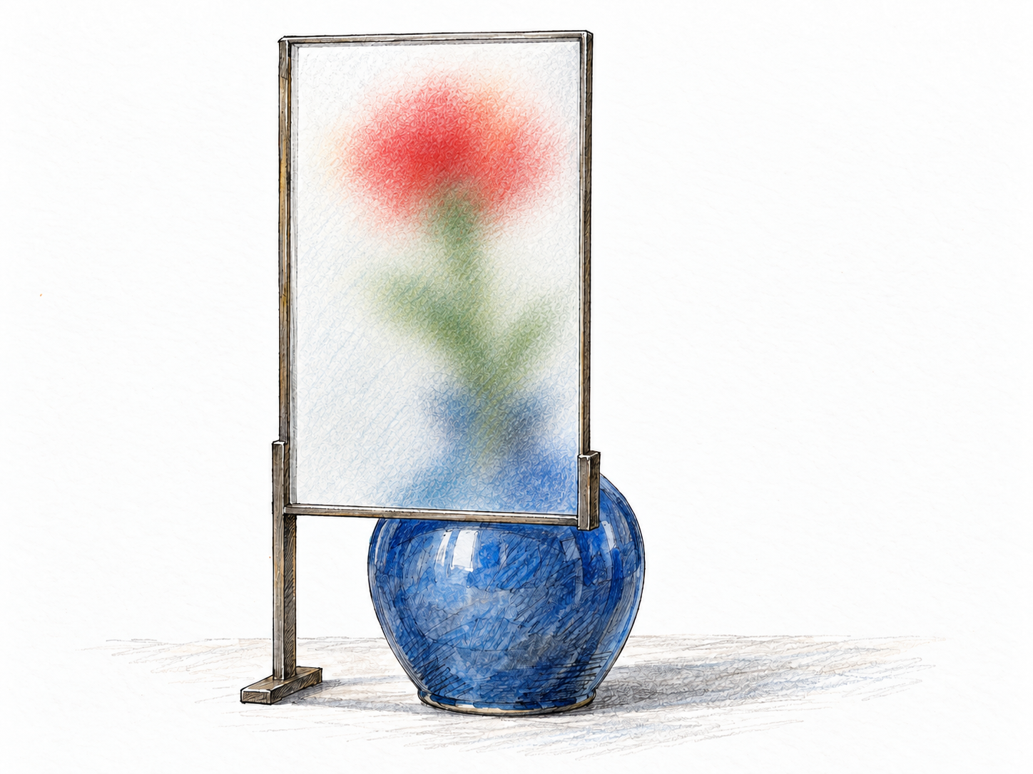 A red flower in a small vase appears as an indistinct blur through a frosted glass pane, contrasting with the crisp pane frame and the clearly visible lower portion of the vase below it.
