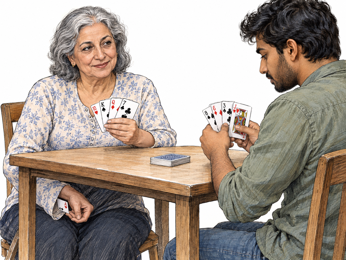 A card player secretly draws an extra ace from her sleeve beneath the table edge while presenting an innocent expression to her opponent.