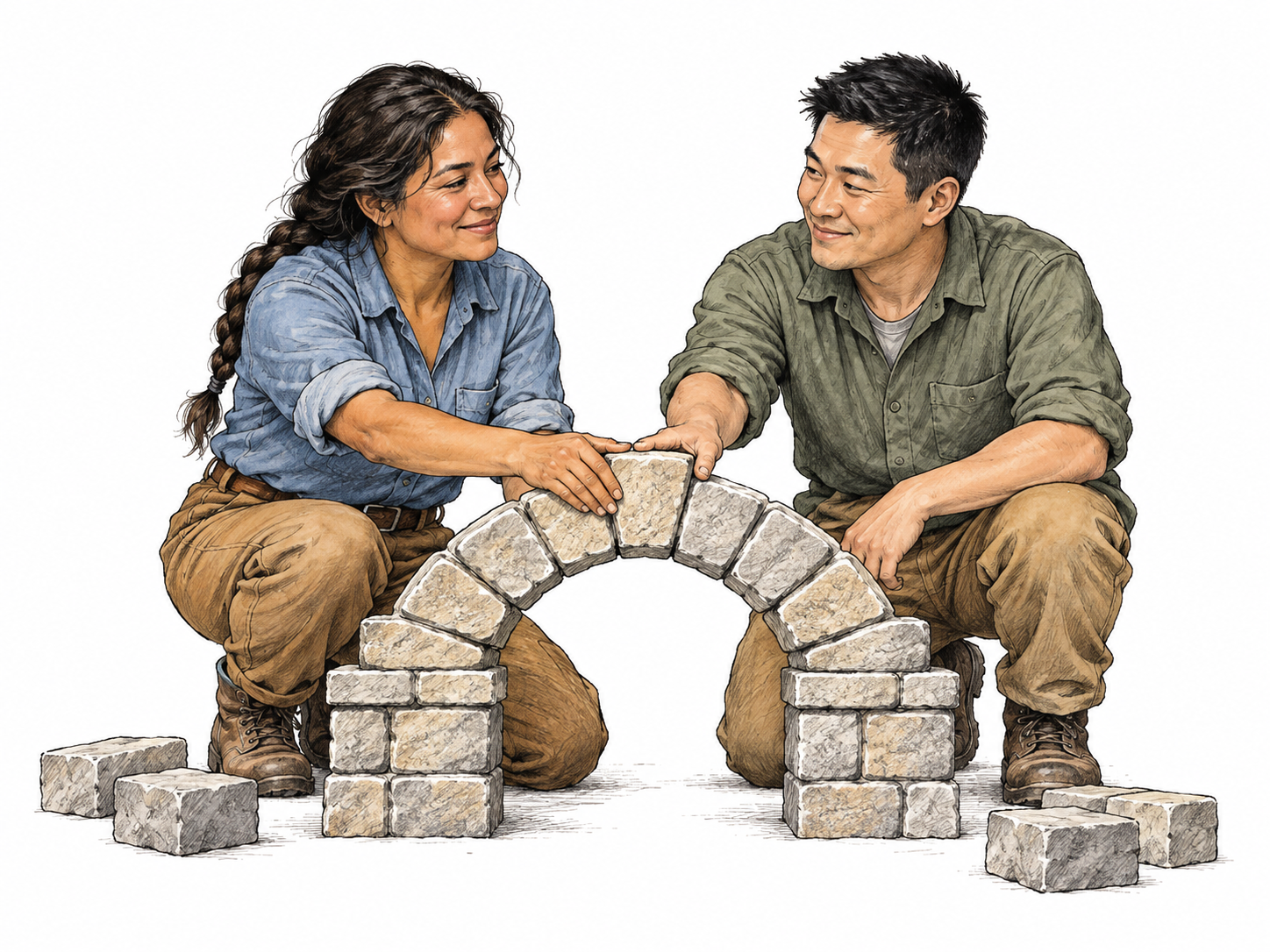 Two builders place final keystone into completed miniature stone arch and share satisfied look, planned project visibly fulfilled; safe small-scale construction on white.