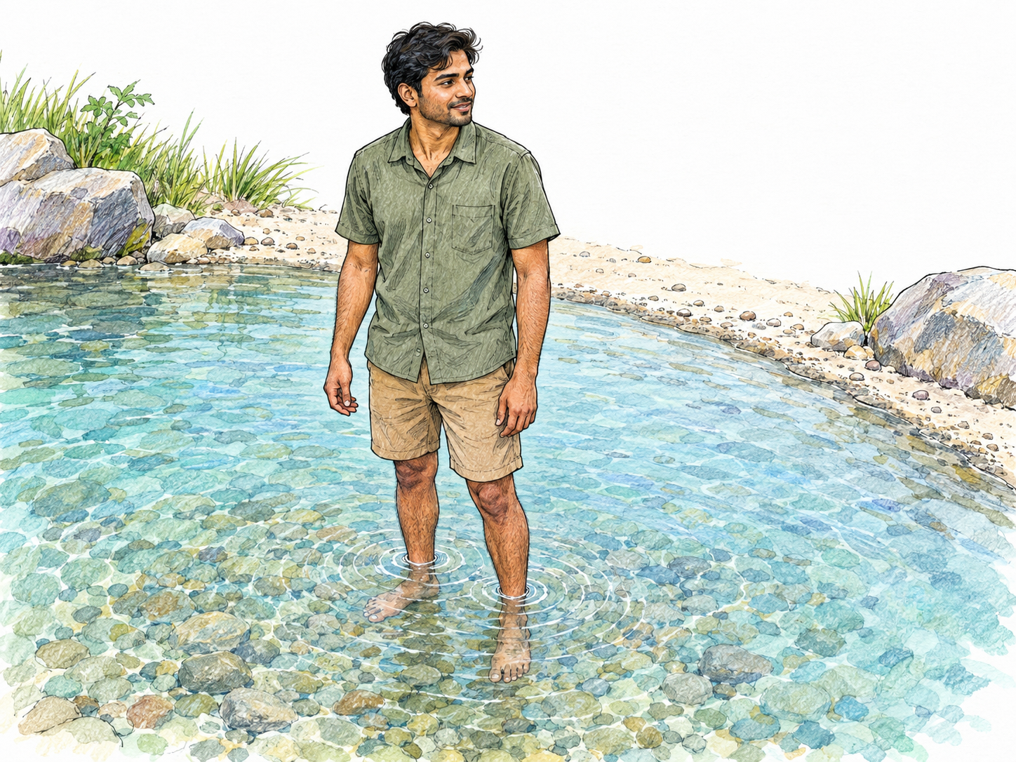 A barefoot man stands in a broad, shallow pool, with water only around his ankles and the nearby pebble bottom clearly visible through the water.
