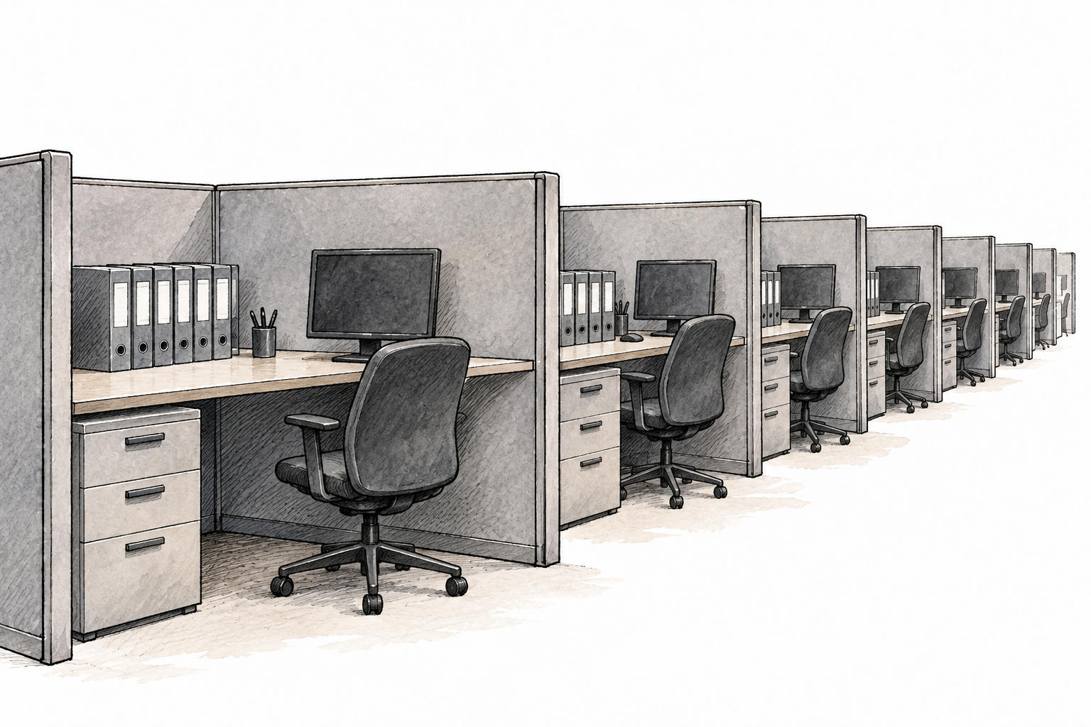 A dull identical row of plain gray office cubicles and repetitive folders, ordinary unimaginative environment.