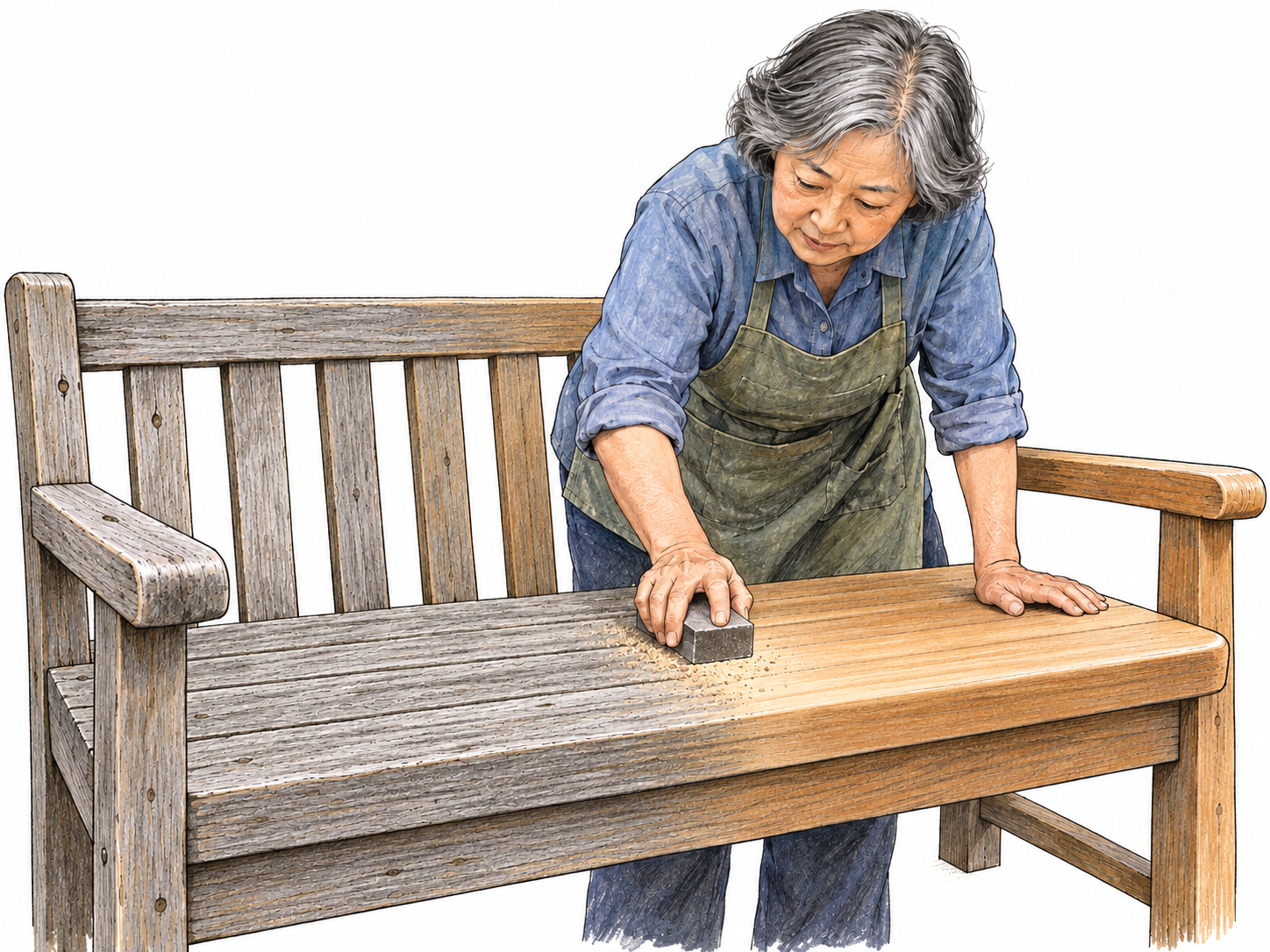 An older woman sands a weathered wooden bench, visibly transforming its rough, splintered seat into a smooth, sound surface.