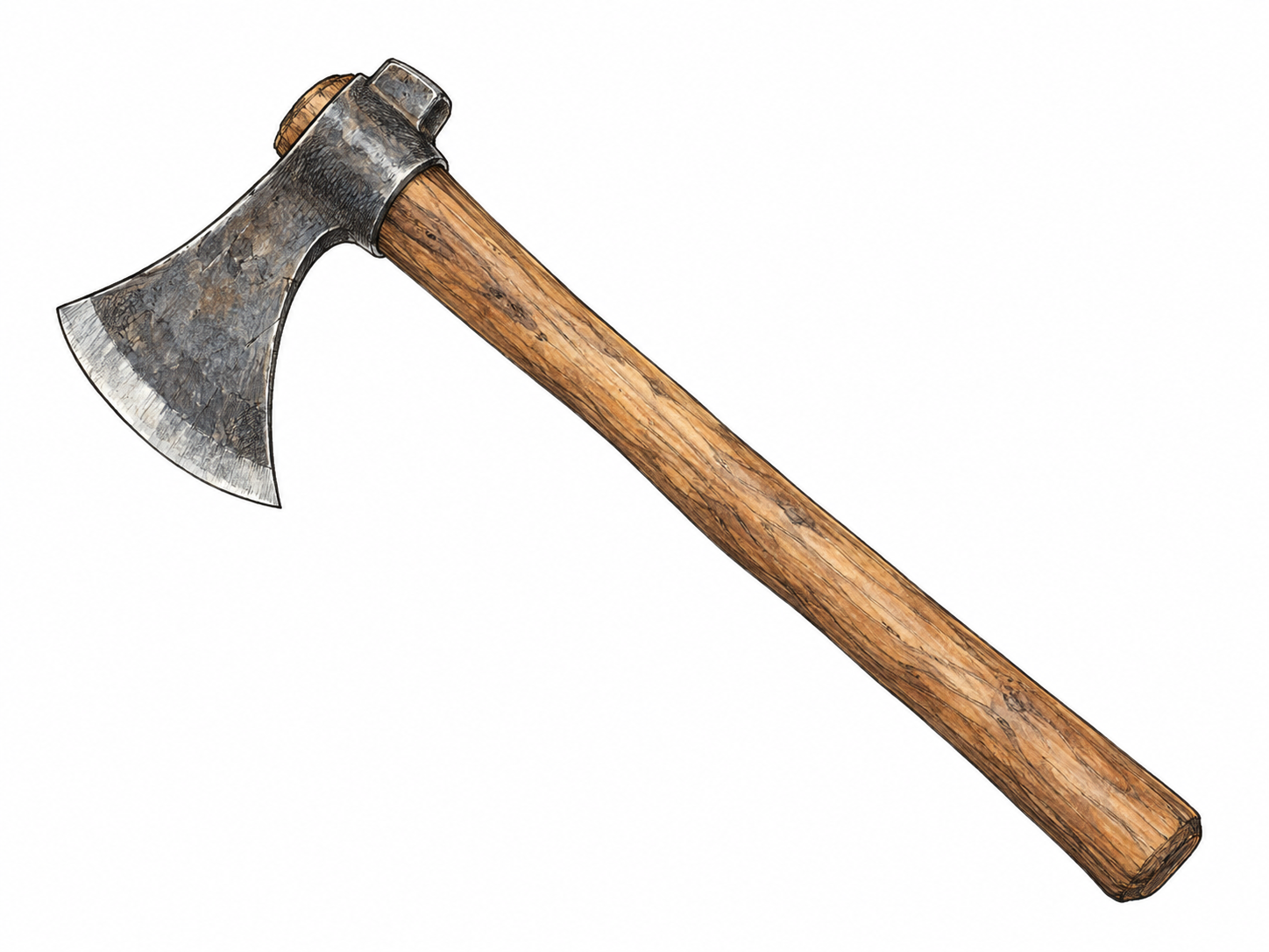 An isolated, historically plausible metal-headed tomahawk shown in three-quarter view, emphasizing its compact cutting head and slender wooden handle.