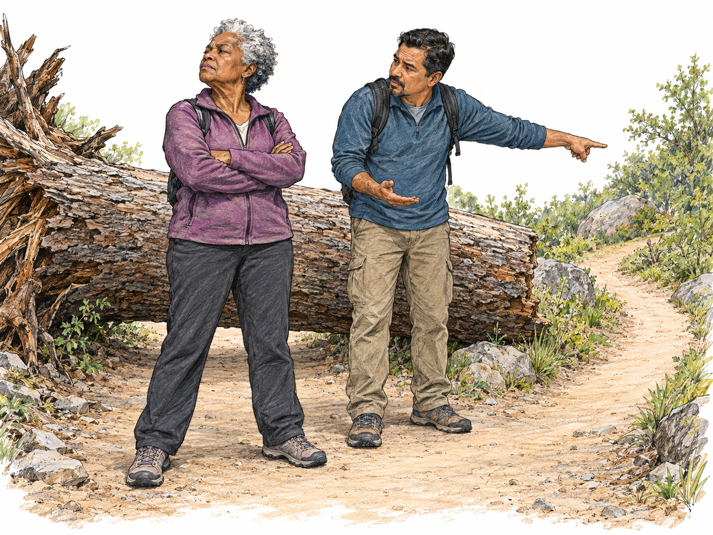 A walker stubbornly remains facing a visibly impassable path, arms tightly folded and feet planted, while her companion points toward a clear route around the obstruction.