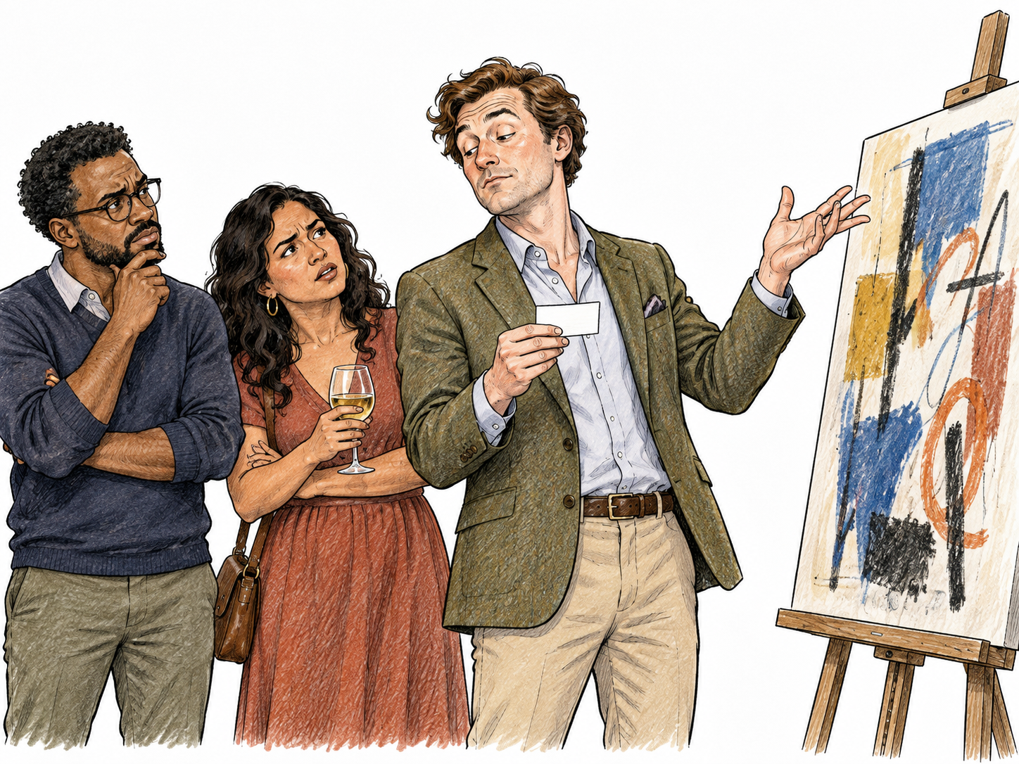 An adult at an art gathering makes an exaggerated knowledgeable gesture while secretly glancing at a tiny blank cue card; companions look puzzled, unfamiliar abstract painting on easel.