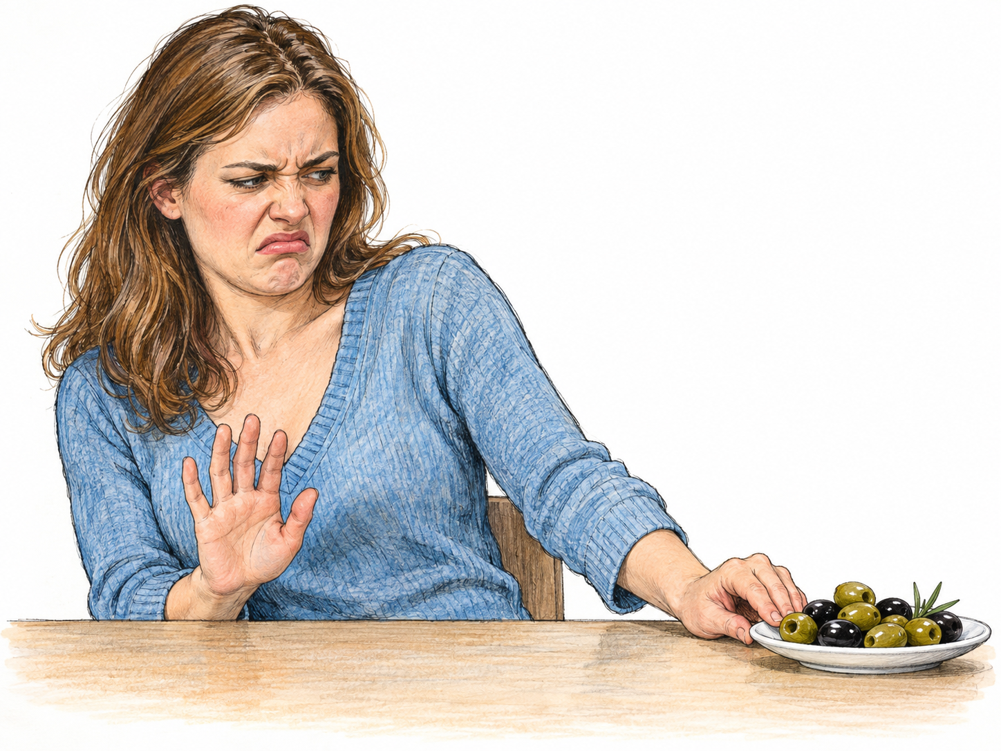 A young woman recoils with a displeased grimace from a small plate of olives, pushing it away with her fingertips.