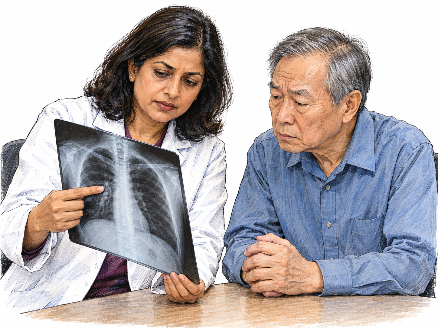 A visibly serious medical consultation: a doctor and patient lean toward a chest X-ray, both unsmiling and intent, conveying grave attention rather than casual conversation.