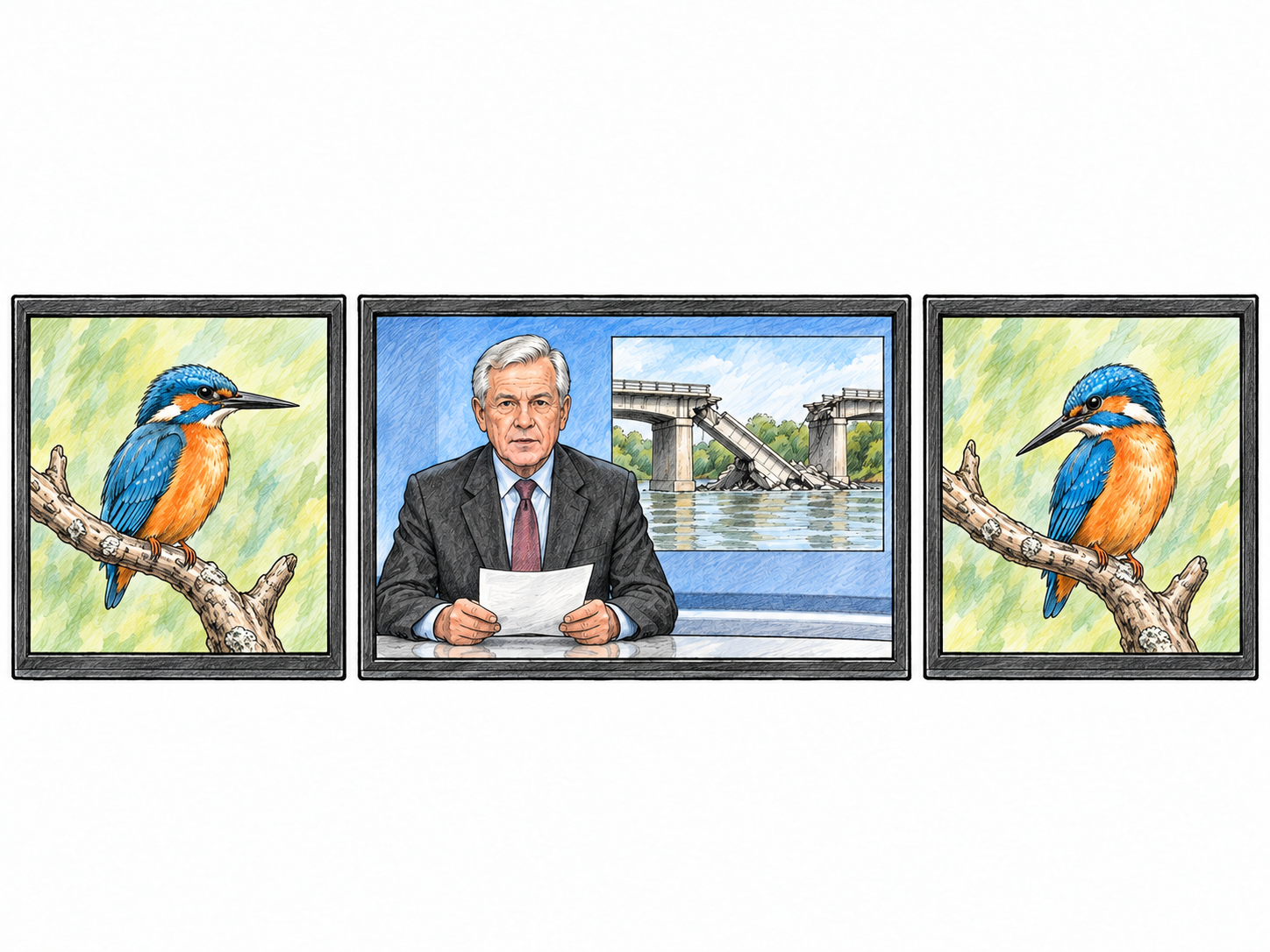 A compact three-frame television sequence shows a wildlife program briefly interrupted by a news announcement, then resumed.
