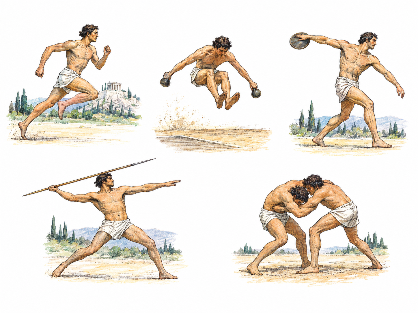 An ancient Greek pentathlon represented by five distinct small action vignettes on white, no boxes or labels: running, long jump with hand weights, discus throw, javelin throw, wrestling pair.