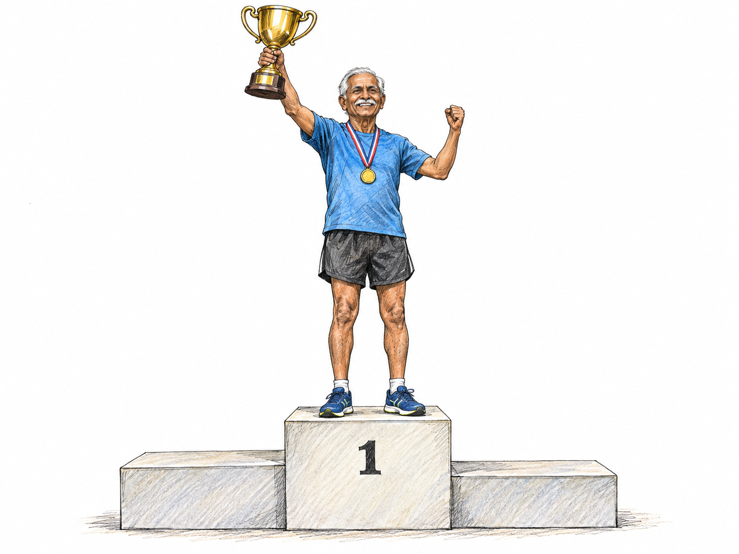 A victorious older runner stands on the highest step of a winners' podium, raising a trophy and wearing a gold medal.