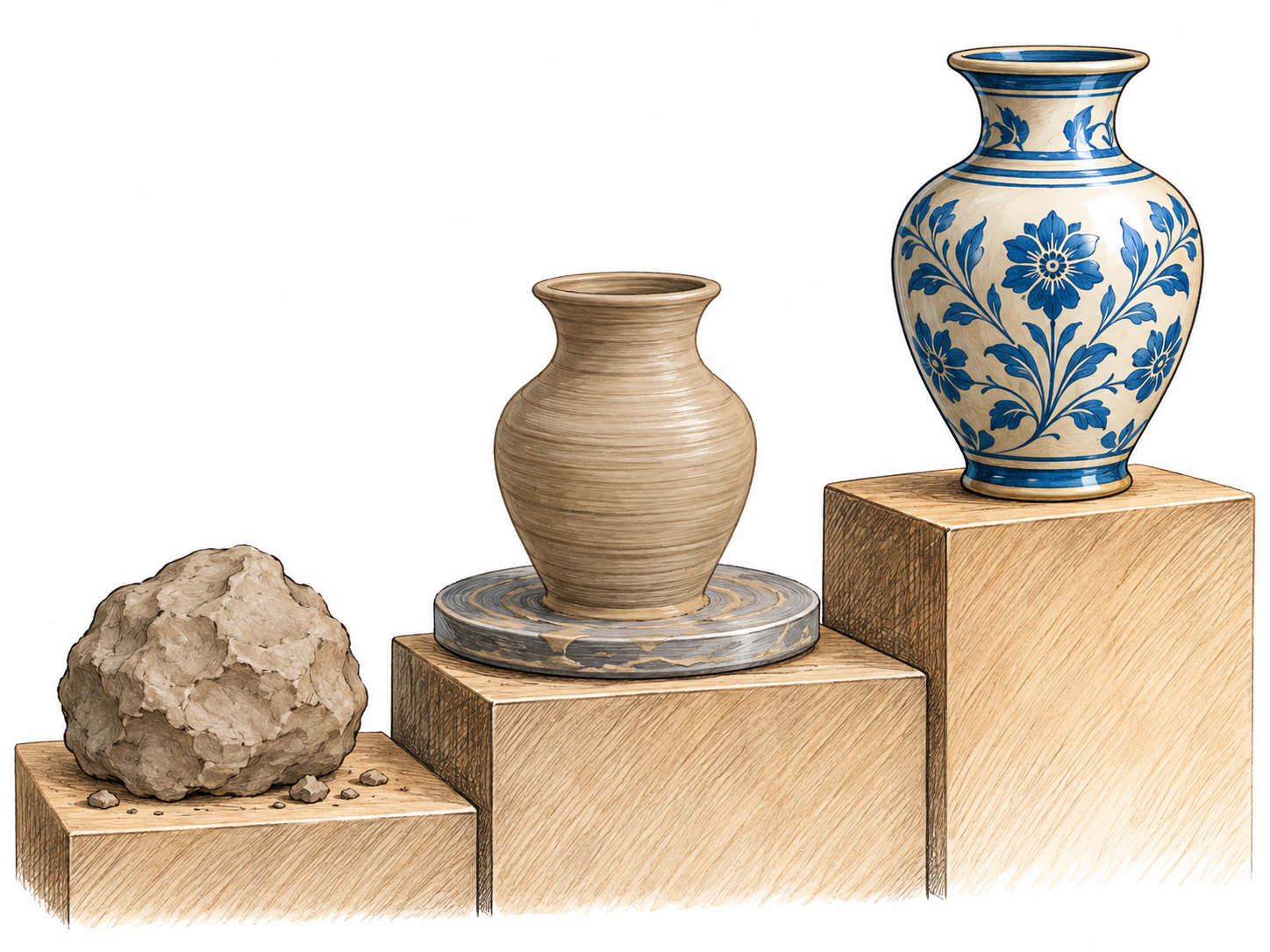 Three stages of a potters craft culminate in one finely finished vase on the highest small display step; highest or most perfect stage clear.