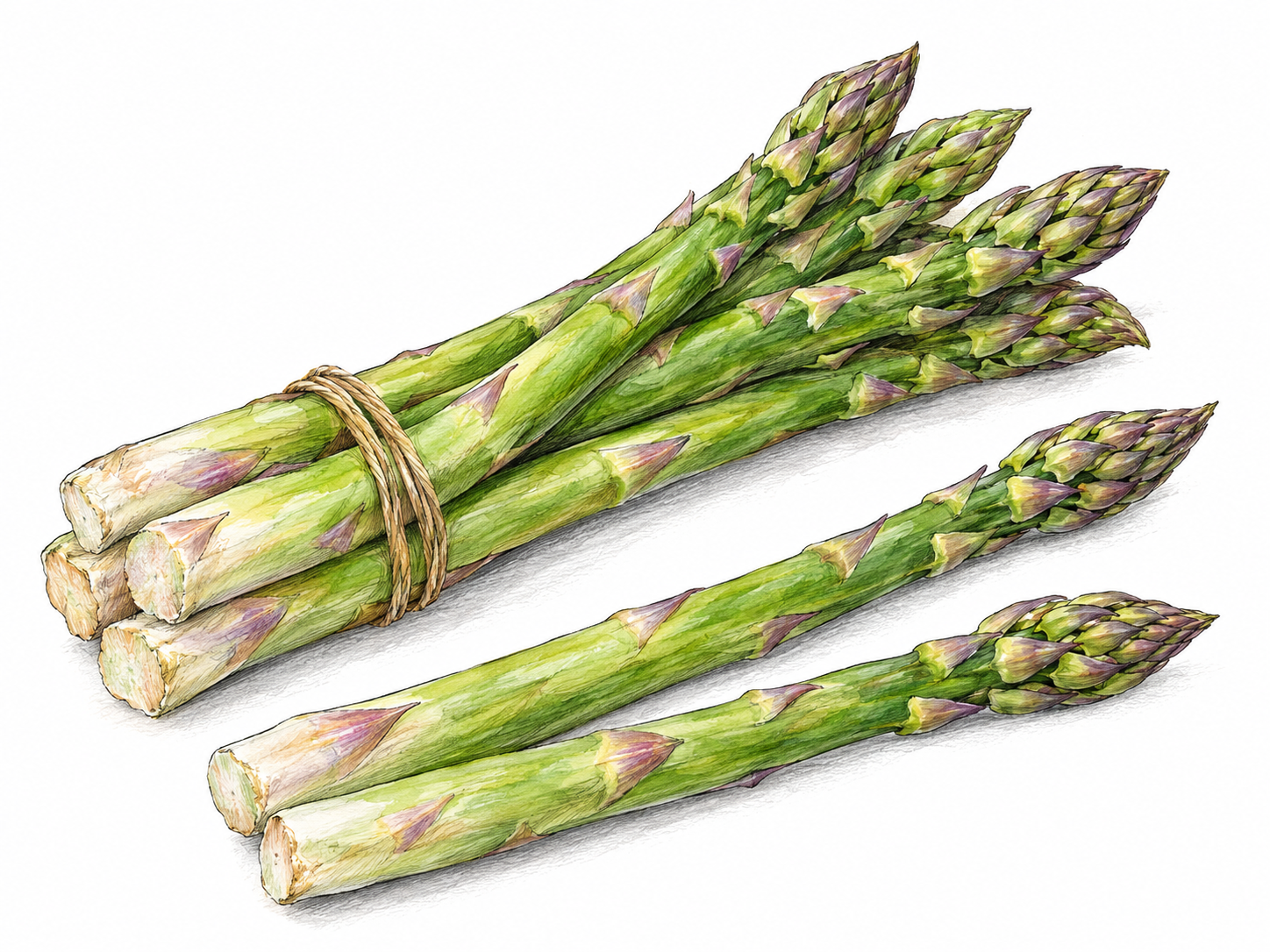 A small loose bundle of fresh green asparagus spears, with two separated spears clearly revealing their long stalks and tightly layered tender tips.