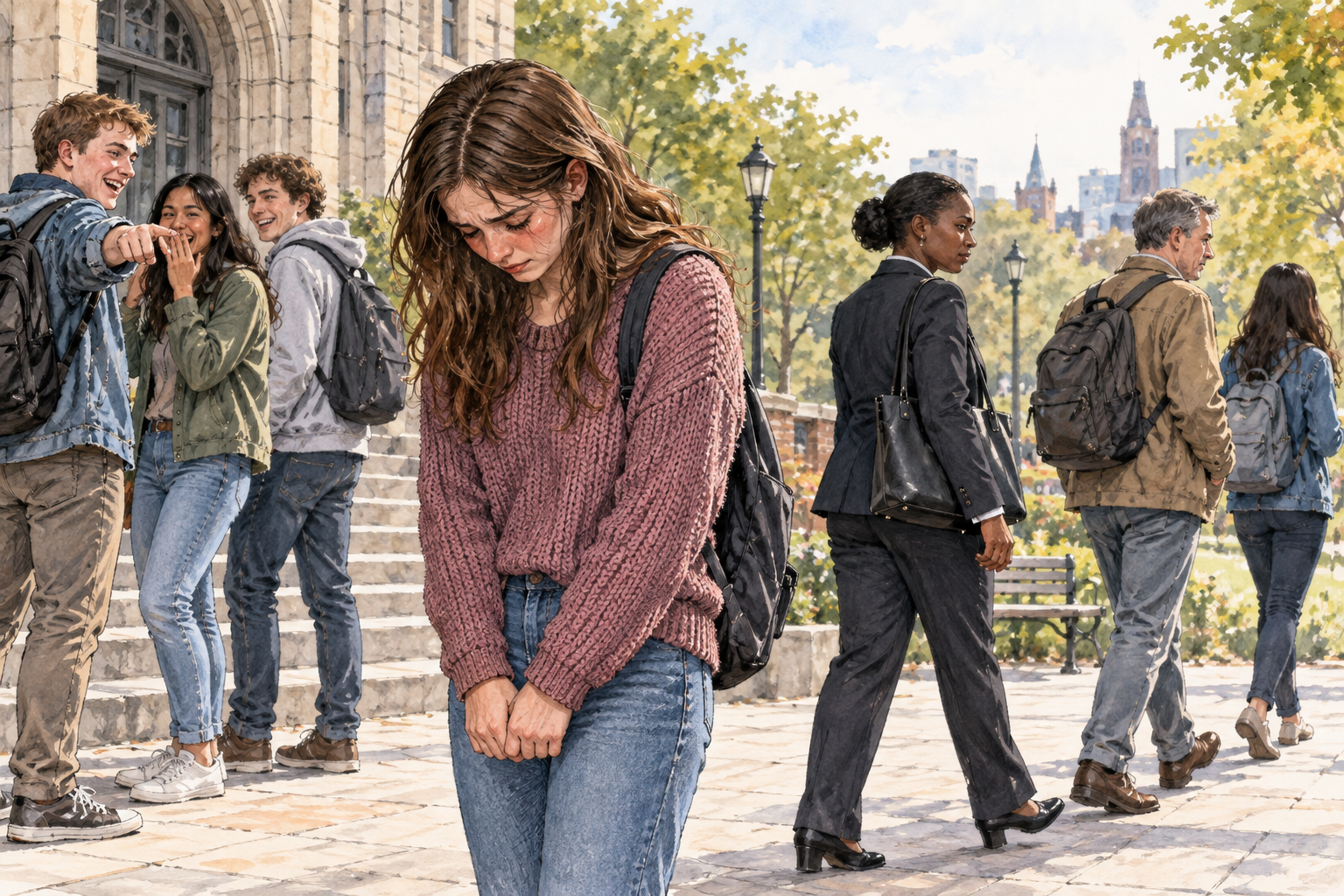 A person stands with lowered gaze and slumped shoulders after public ridicule while onlookers turn away, respectful depiction of painful embarrassment.