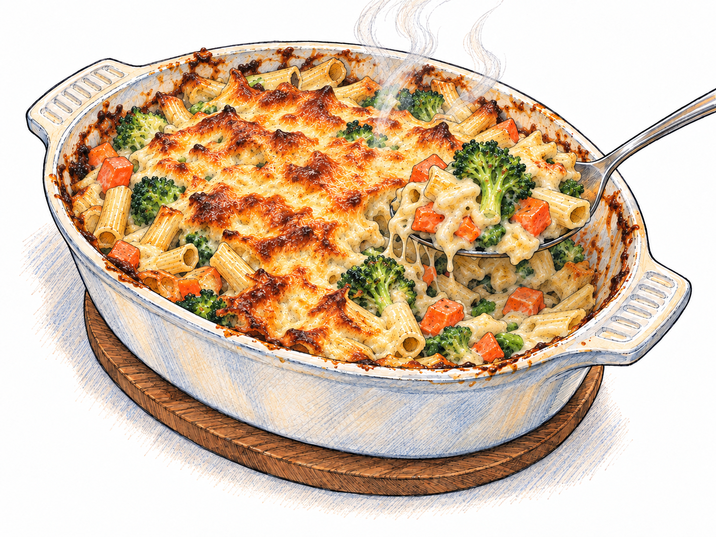 A single ceramic baking dish holds a freshly baked casserole, with a golden browned crust and a serving lifted slightly to reveal mixed pasta, vegetables, and sauce cooked together.