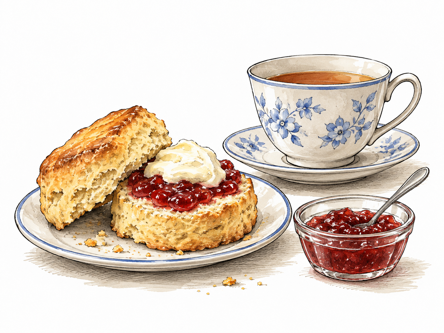 A split golden scone with jam beside a cup of tea.