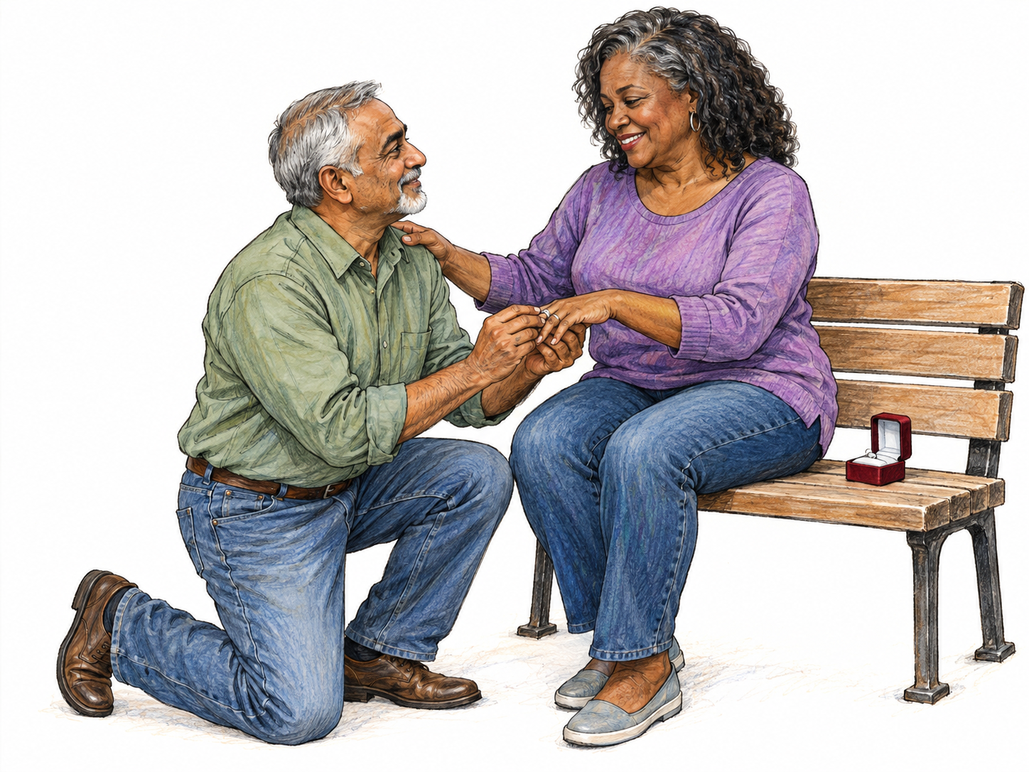 A marriage pledge shown through an accepted engagement: a man kneels before his similarly aged partner and slides an engagement ring onto her extended left ring finger.