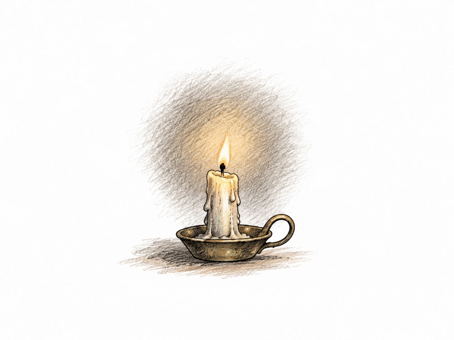 A tiny candle flame barely illuminates a dark small area on otherwise white page, weak feeble light, not medical weakness.