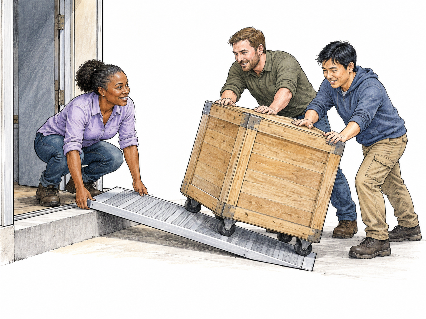 A facilitator supplies a sturdy ramp that lets a team roll a heavy crate over a small threshold; action made easier, plausible load and ramp.