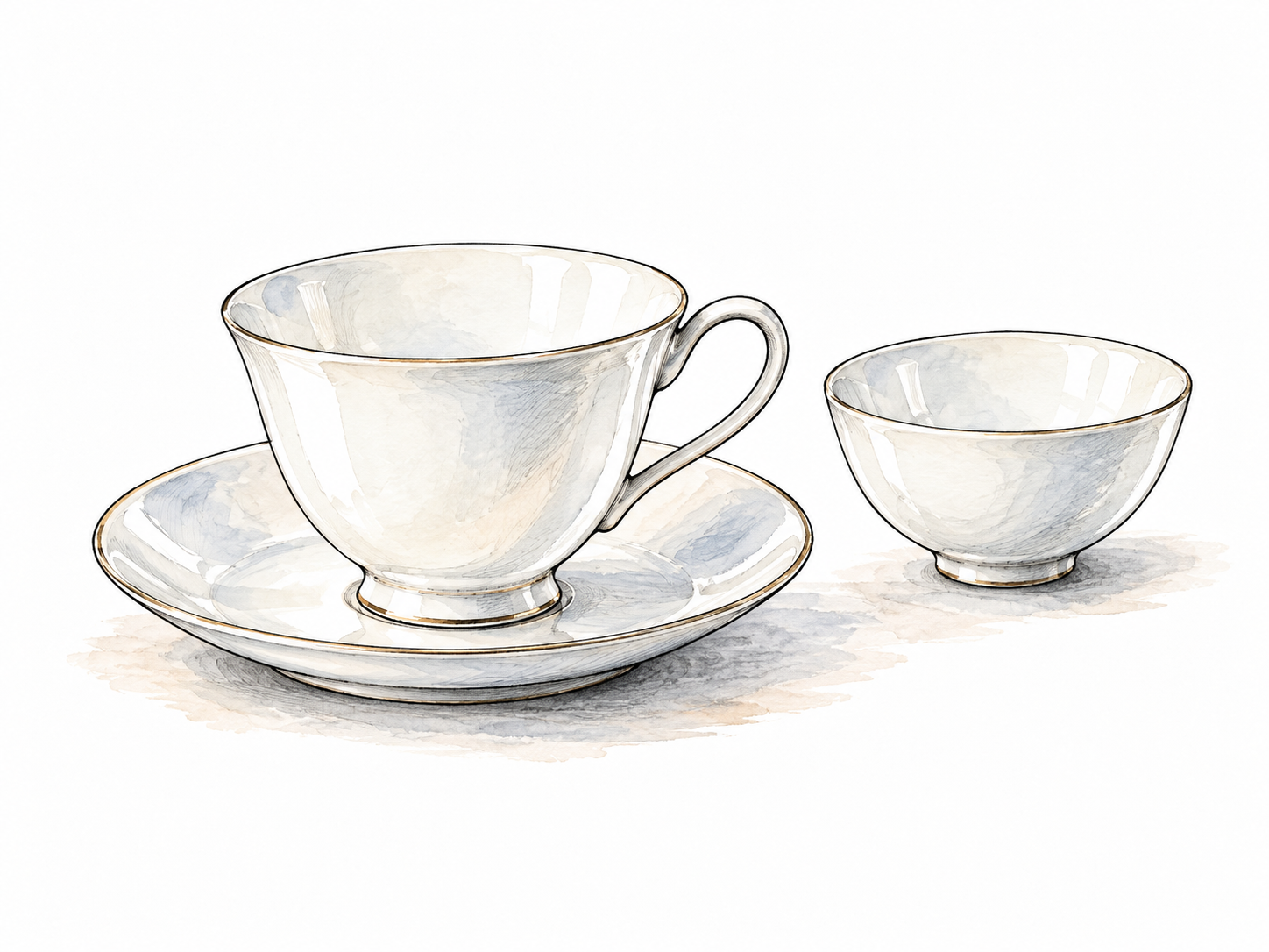 A fine white porcelain teacup and saucer with delicate translucent rim beside a small white porcelain bowl.