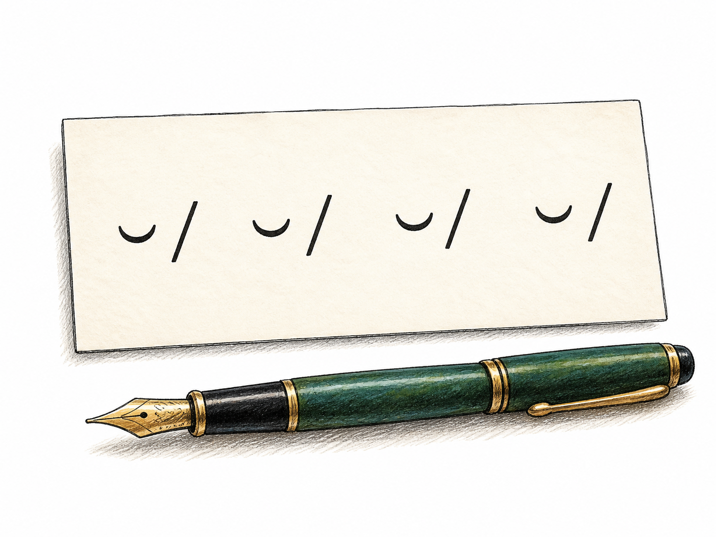 Close view of poetry scansion on one ivory card: exactly four separated groups of two beat marks, each a small curved breve then one slash, arranged in one horizontal line.