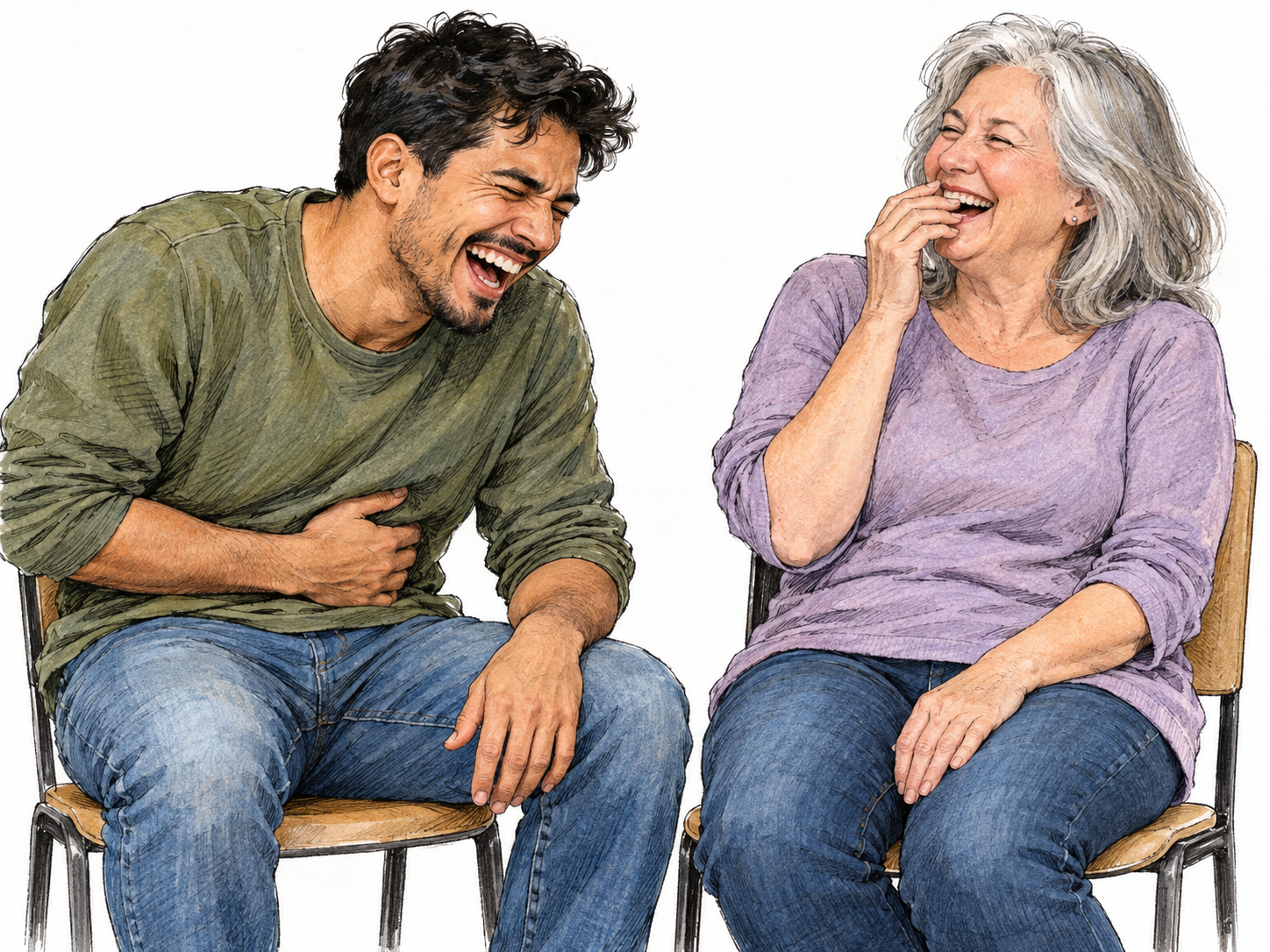 Two adults share an uninhibited fit of laughter, one doubled forward clutching his stomach while the other leans back laughing with a hand over her mouth.