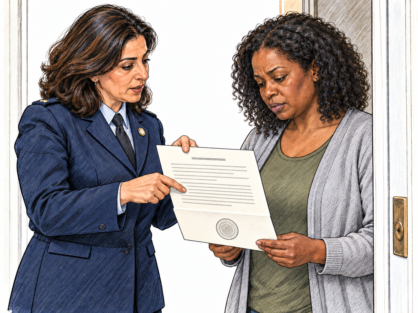 A municipal official formally presents an official notice to a resident at her doorway, holding the document open and indicating it while the resident reads.