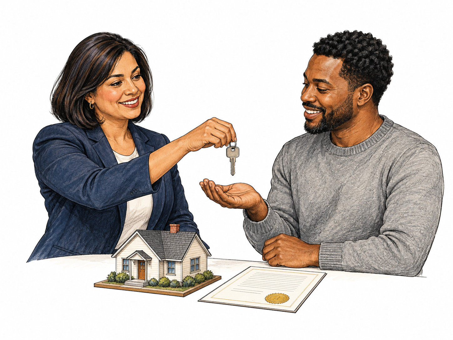 Agent hands house key to buyer beside isolated small house architectural model and simple deed with seal, no words; property transaction rather than general office.