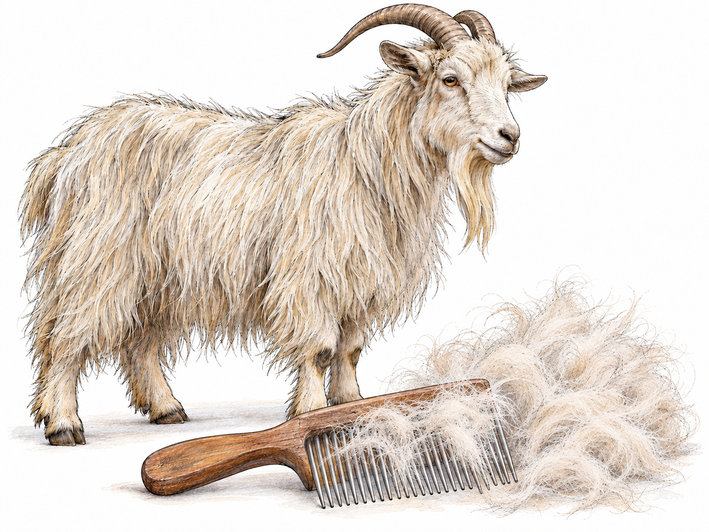 A shaggy cashmere goat beside a grooming comb holding fine pale undercoat, with a loose cloud of collected down in the foreground.