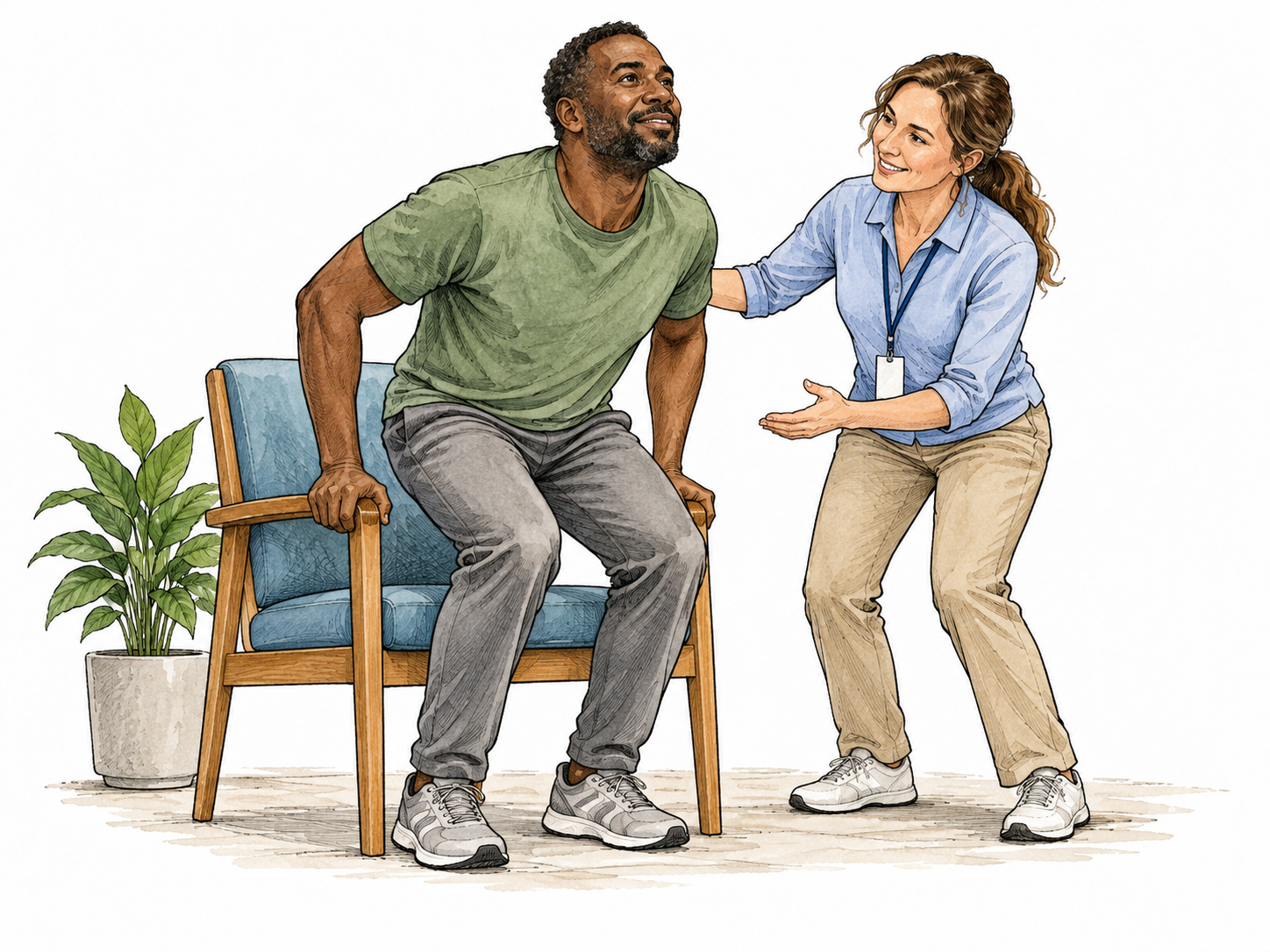Adult regains strength after illness and rises confidently from a chair with a supportive therapist nearby, respectful recovery, no diagnosis.