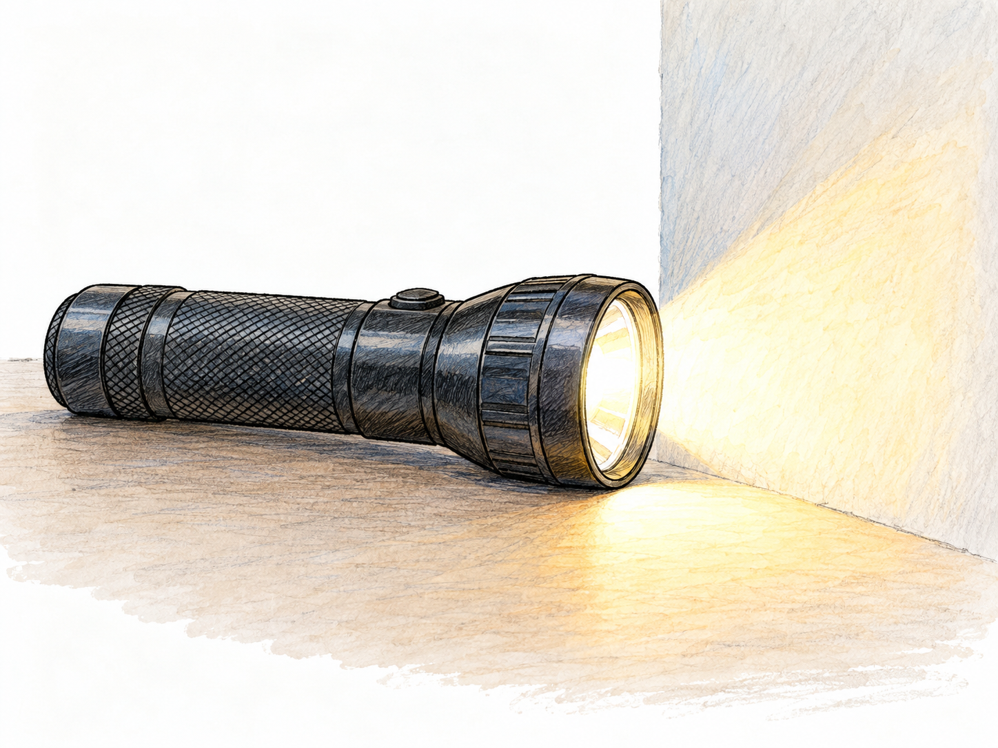 A switched-on flashlight shines onto a nearby plain surface, producing a bright pool of light.