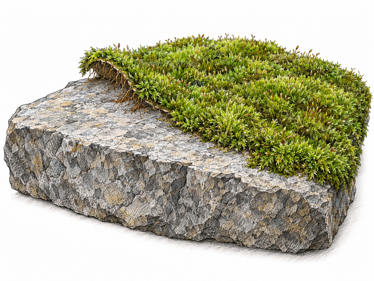 A lifted edge of living moss exposes the rough stone slab directly underneath, clearly showing the material on which the moss grows.