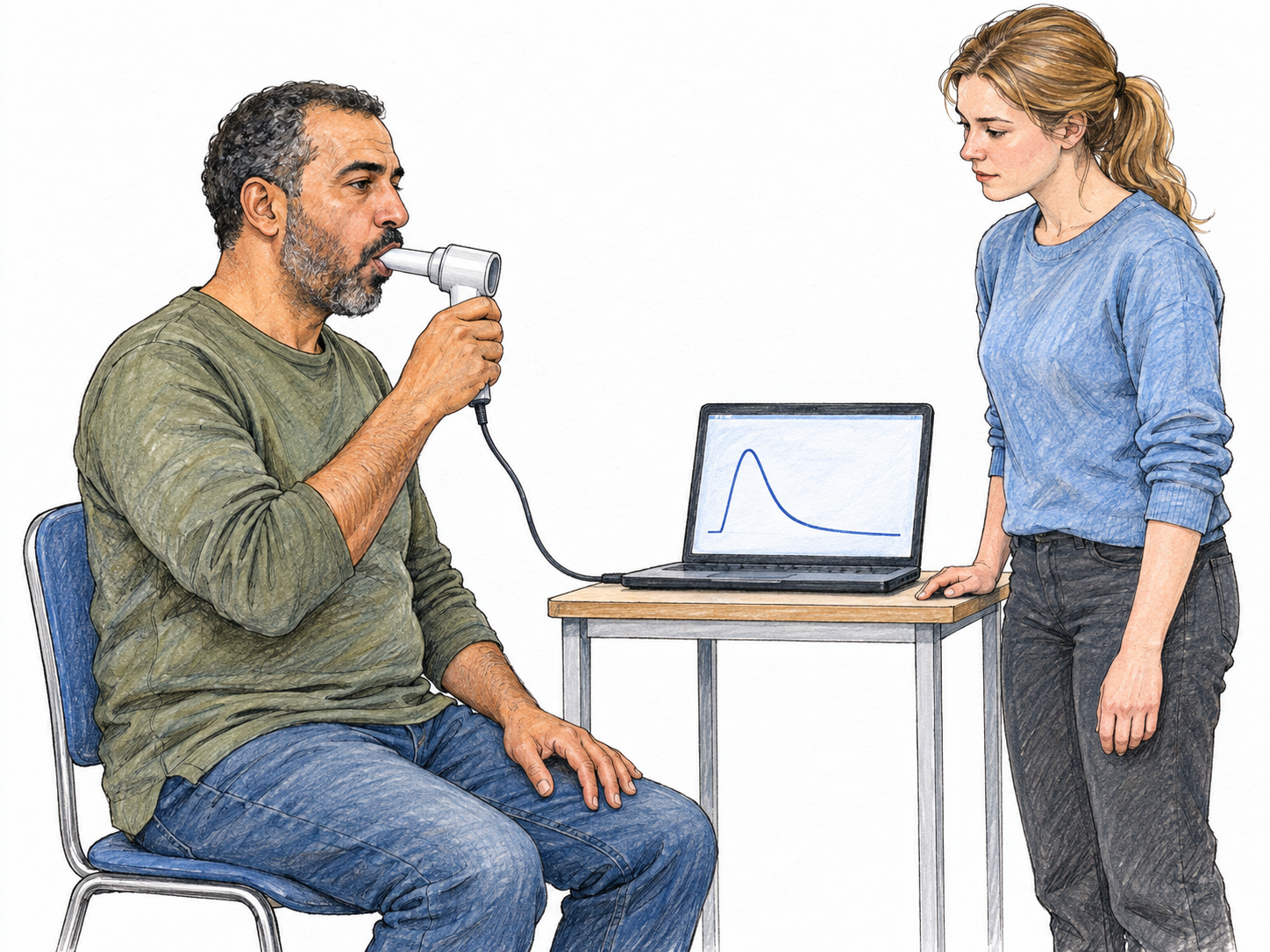 A researcher studies breathing function by observing a seated volunteer exhale into a handheld spirometer connected to a screen displaying a simple, unlabeled respiratory curve.