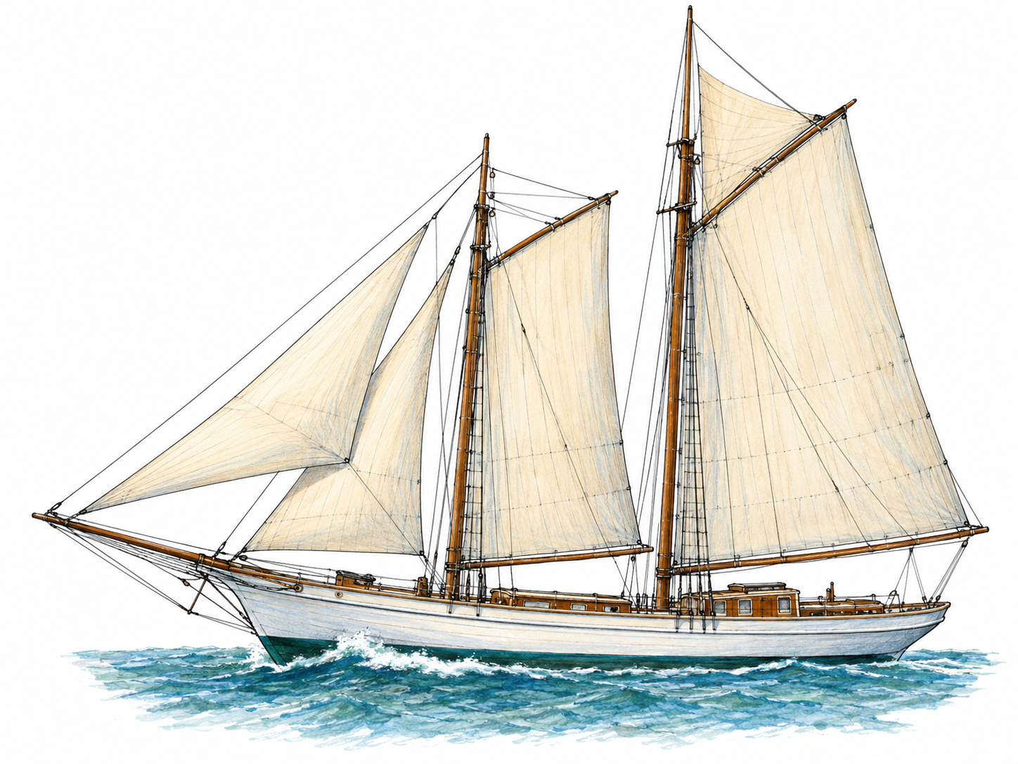 A clear broadside view of a two-masted schooner under sail, with fore-and-aft rigging and a taller aft mainmast distinguishing it from other sailing vessels.