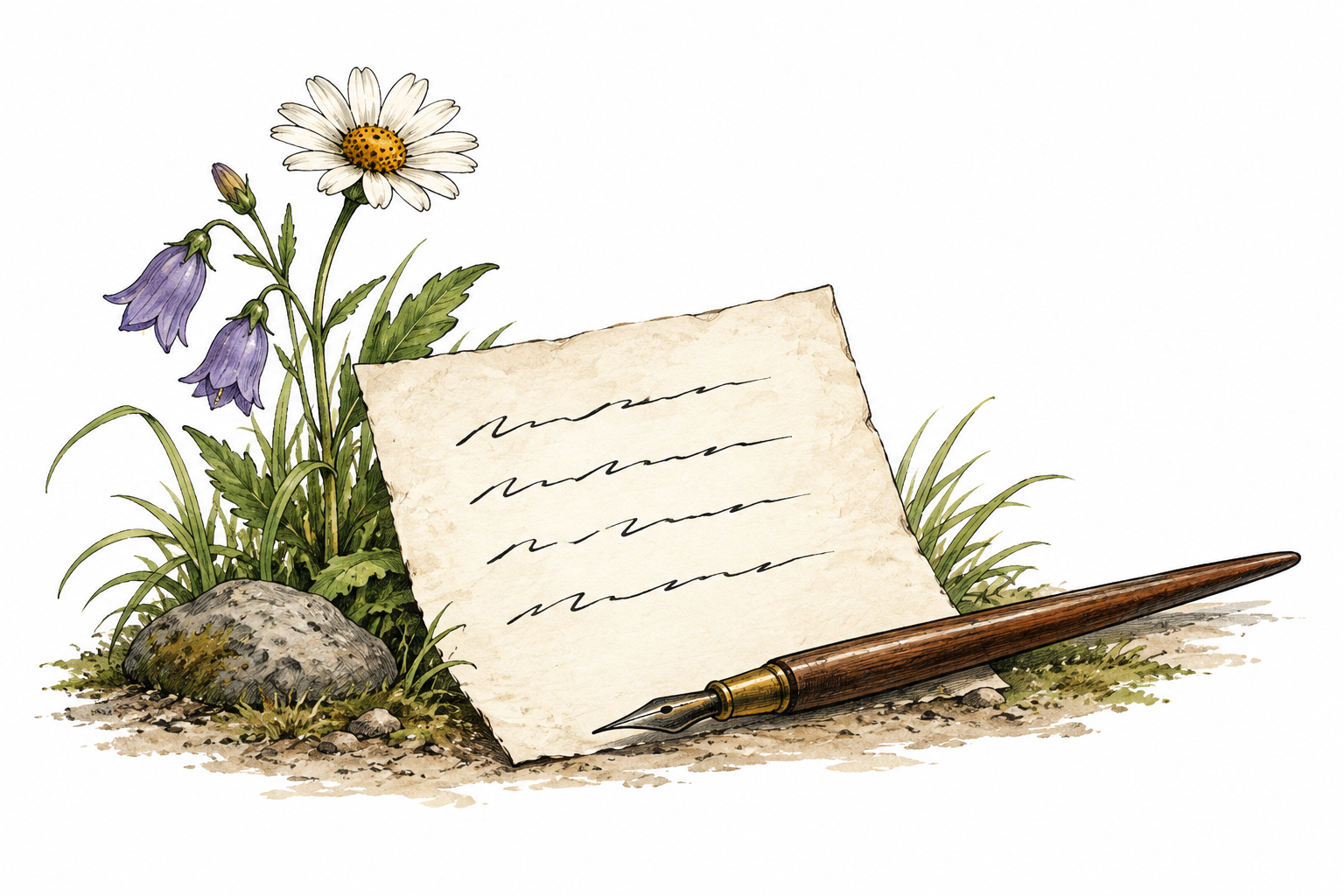 A small sheet bearing four short rhythmic verse lines represented by abstract nonlegible ink strokes beside a wildflower and pen, clearly verse layout, no readable words.