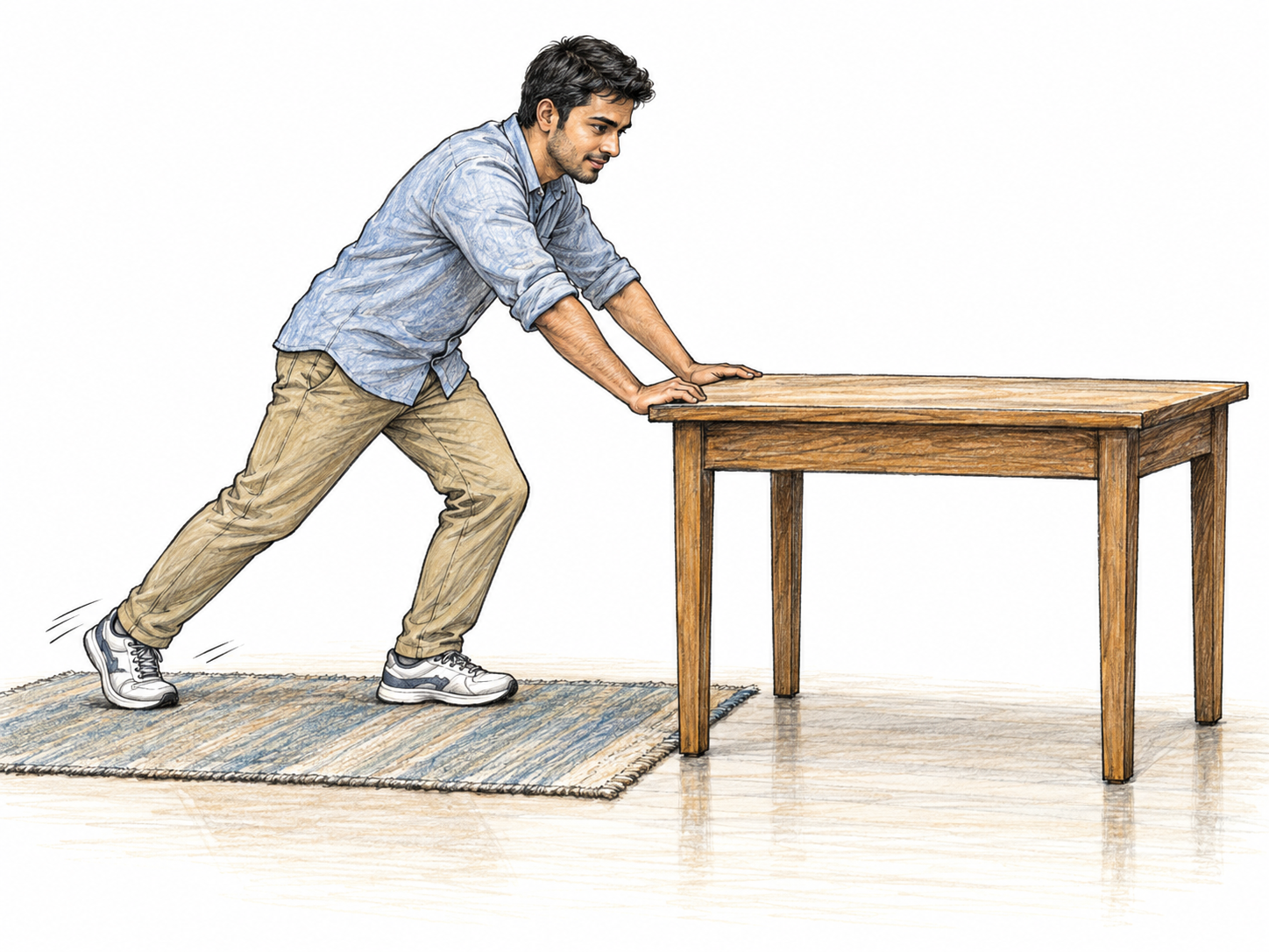 A man actively slides a small table across the floor, visibly shifting it away from its former position on a rug.