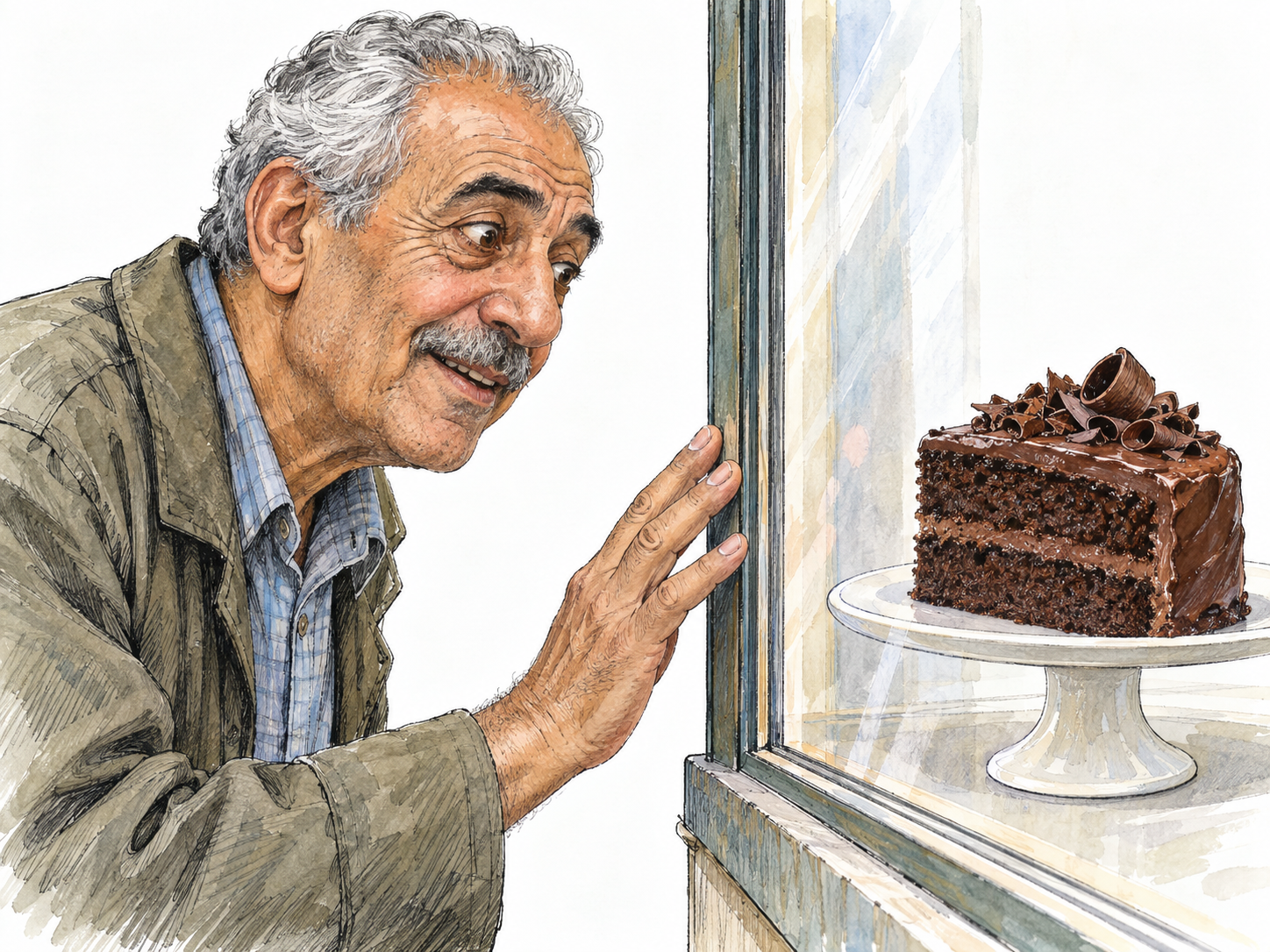 An older man gazes longingly through a bakery window at a luscious slice of cake, leaning close with an eager smile and his fingertips resting against the glass.