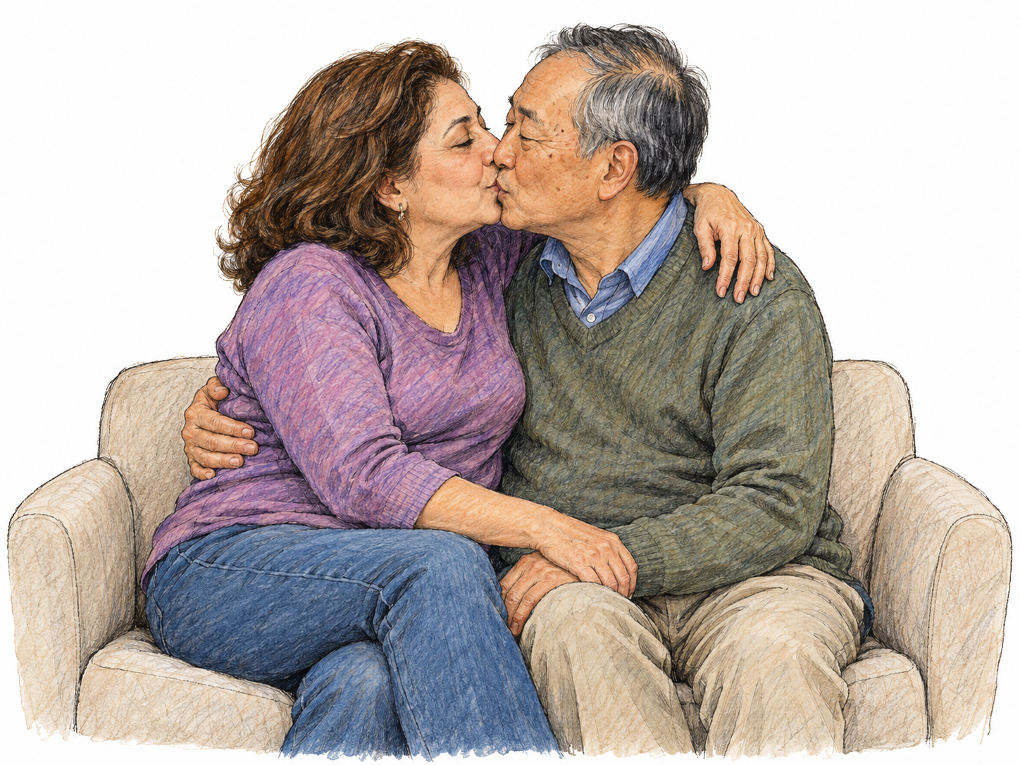 An older man and woman sit nestled together on a small sofa, sharing a gentle closed-mouth kiss while embracing affectionately.