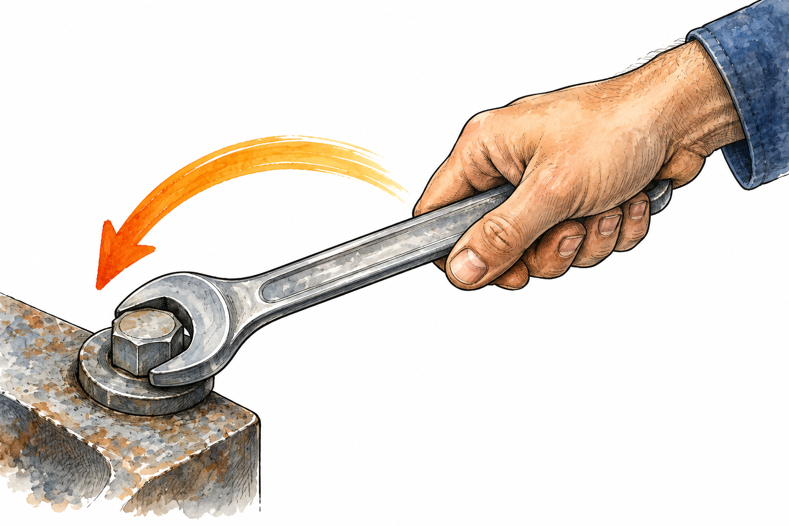 A hand turns a wrench around a bolt with one curved arrow indicating rotational force; no text.