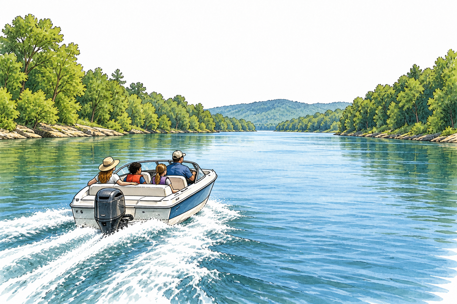 A boat travels easily along a clear deep river channel with broad unobstructed passage.