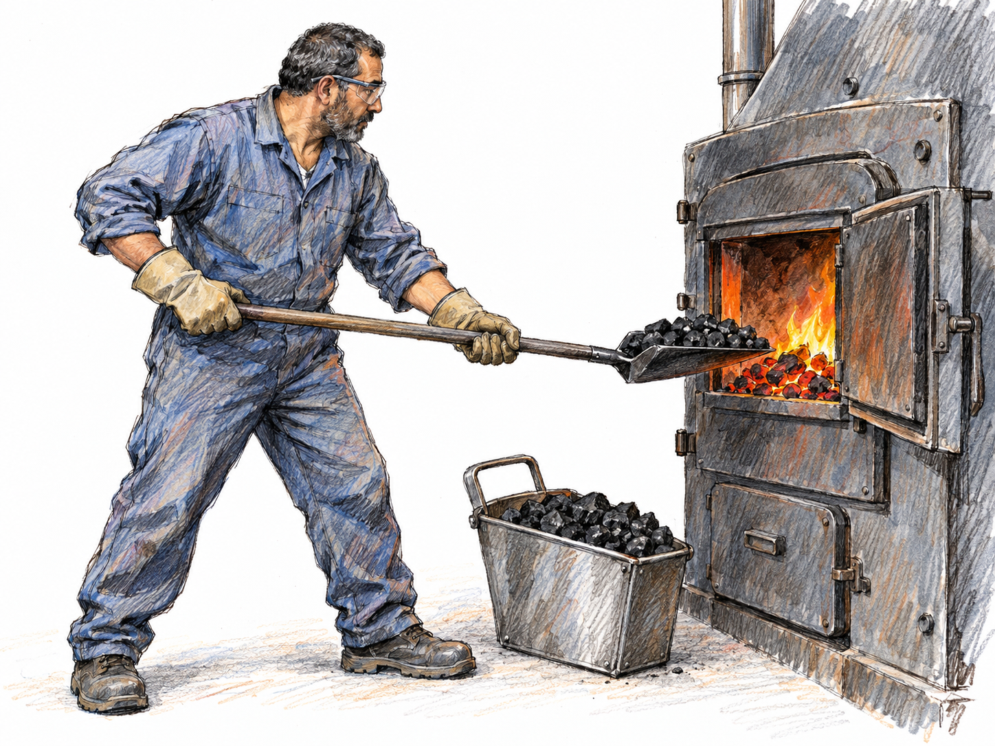 A modern furnace worker feeds a shovelful of coal into an open solid-fuel furnace, making the worker's task immediately clear.