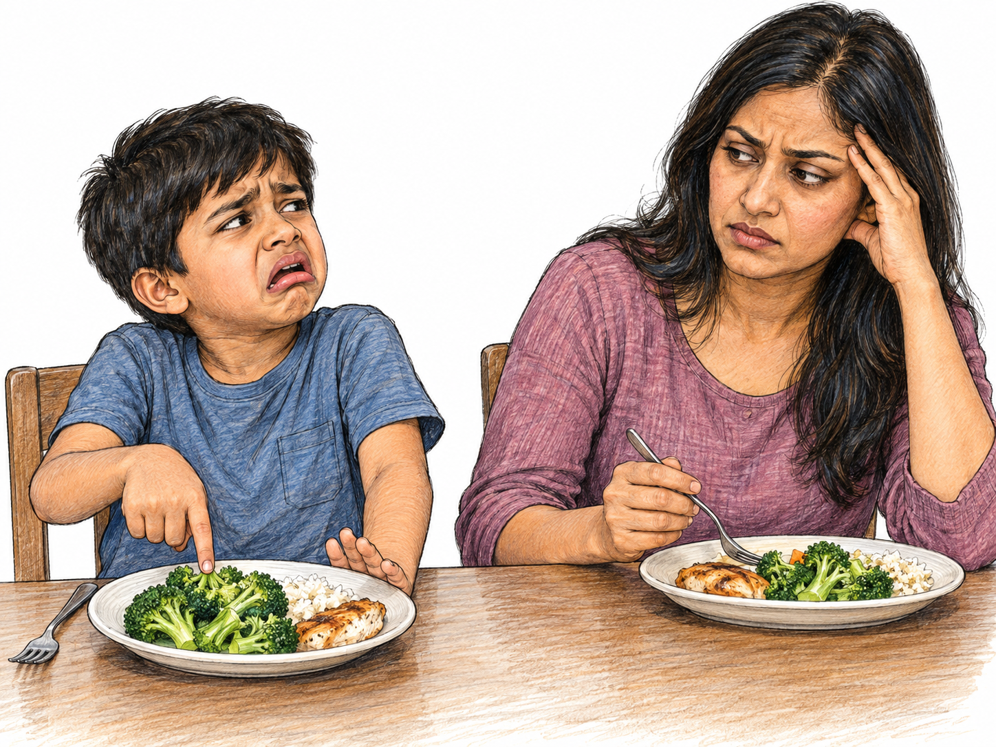 A child whines about the vegetables on his plate, pointing at them with a scrunched, open-mouthed pout while his mother reacts with weary irritation.