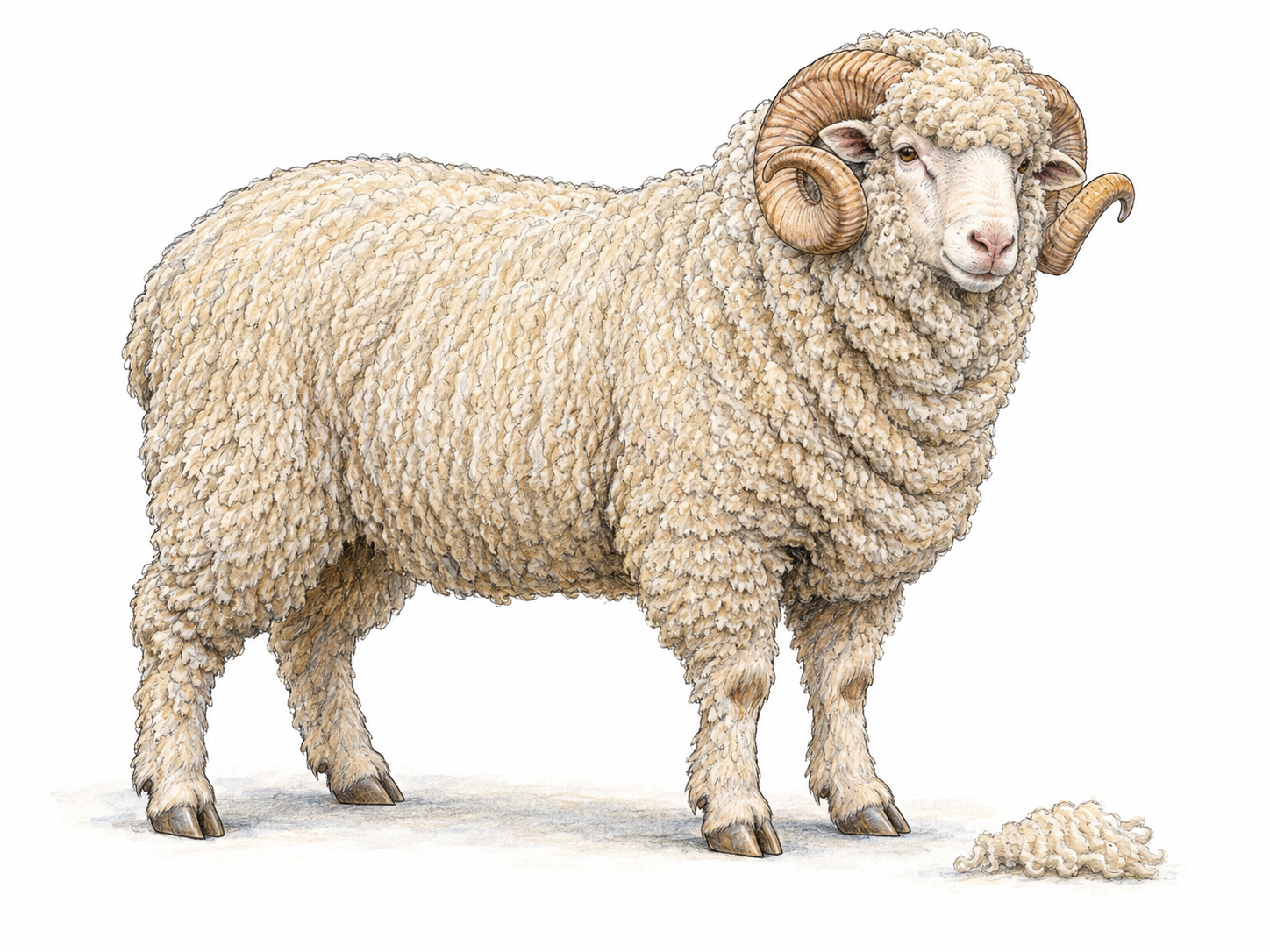 A single adult Merino ram in three-quarter side view, showing its dense fine fleece, woolly forehead, neck folds and curled horns, with a small loose lock of finely crimped wool beside its feet.